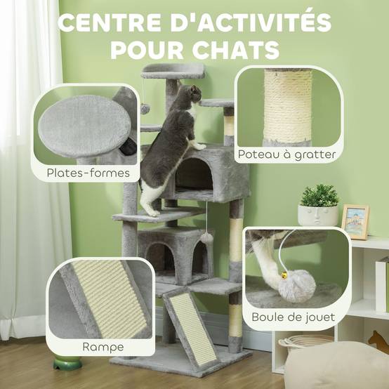 Arbre à chat sisal et peluche gris clair 49 x 49 x 138 cm - PANGIVO - Image 6