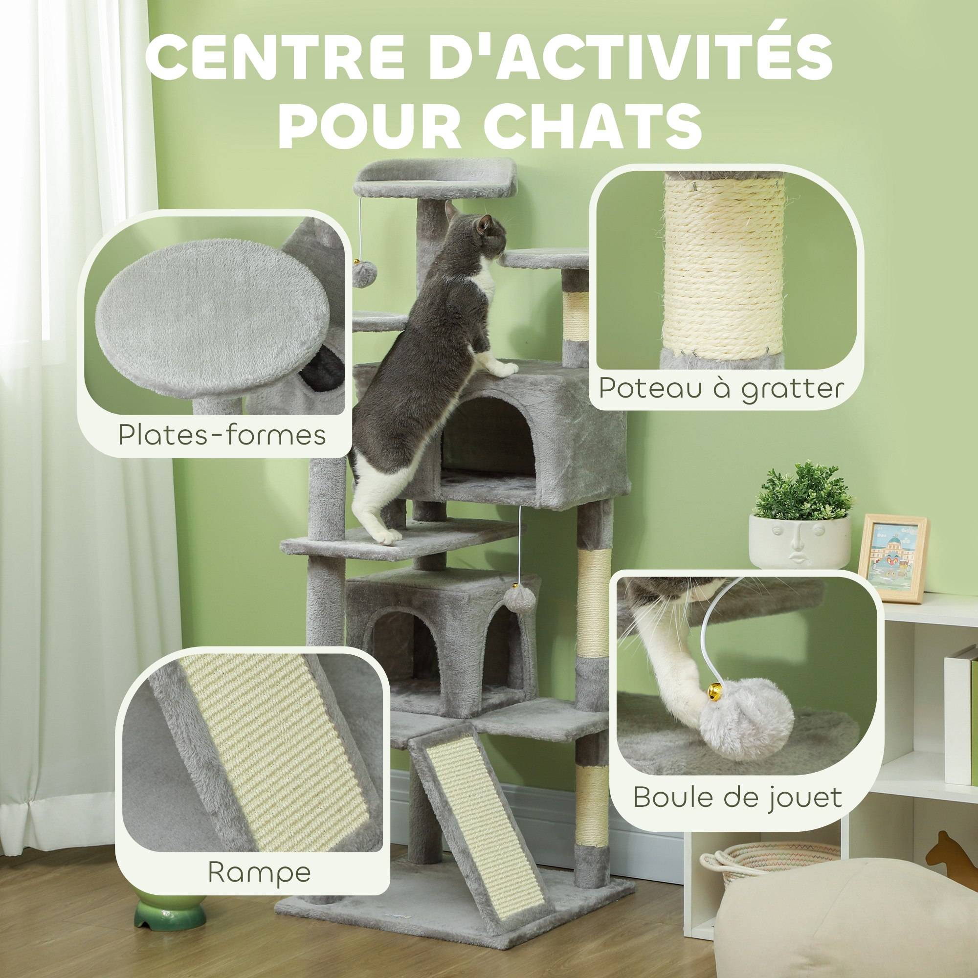 Arbre à chat sisal et peluche gris clair 49 x 49 x 138 cm - PANGIVO - Image 6