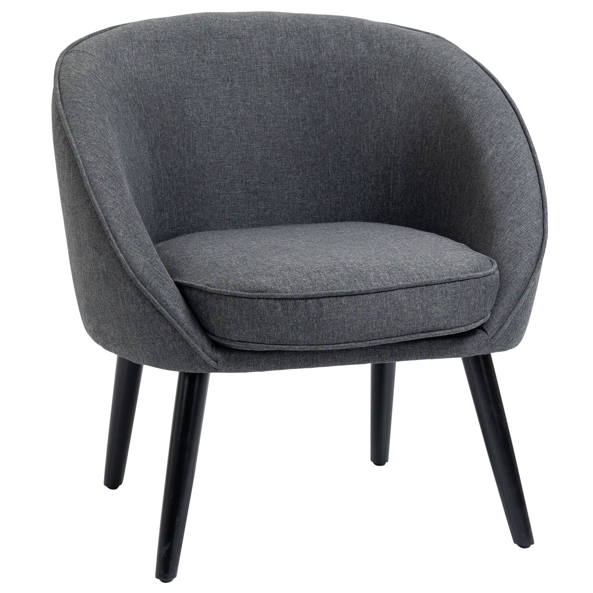 Fauteuil lounge capitonné inclinable style cocktail, revêtement aspect lin, pieds bois, fauteuil de relaxation et lecture, chambre, gris - Image 1