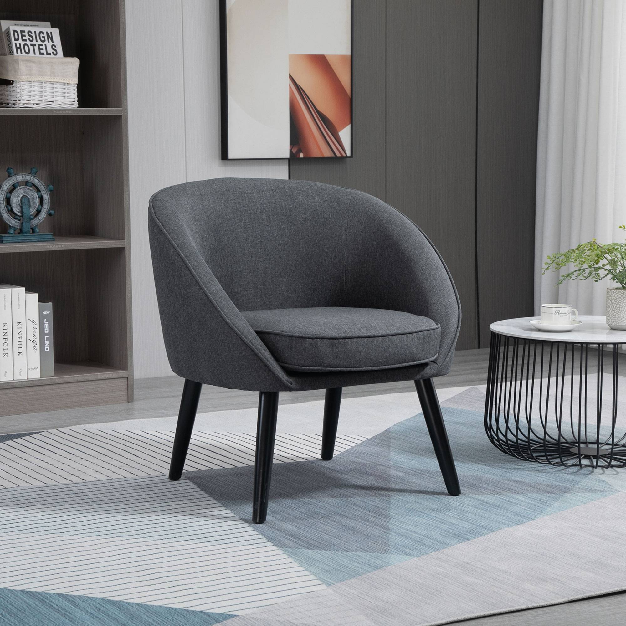 Fauteuil lounge capitonné inclinable style cocktail, revêtement aspect lin, pieds bois, fauteuil de relaxation et lecture, chambre, gris - Image 3