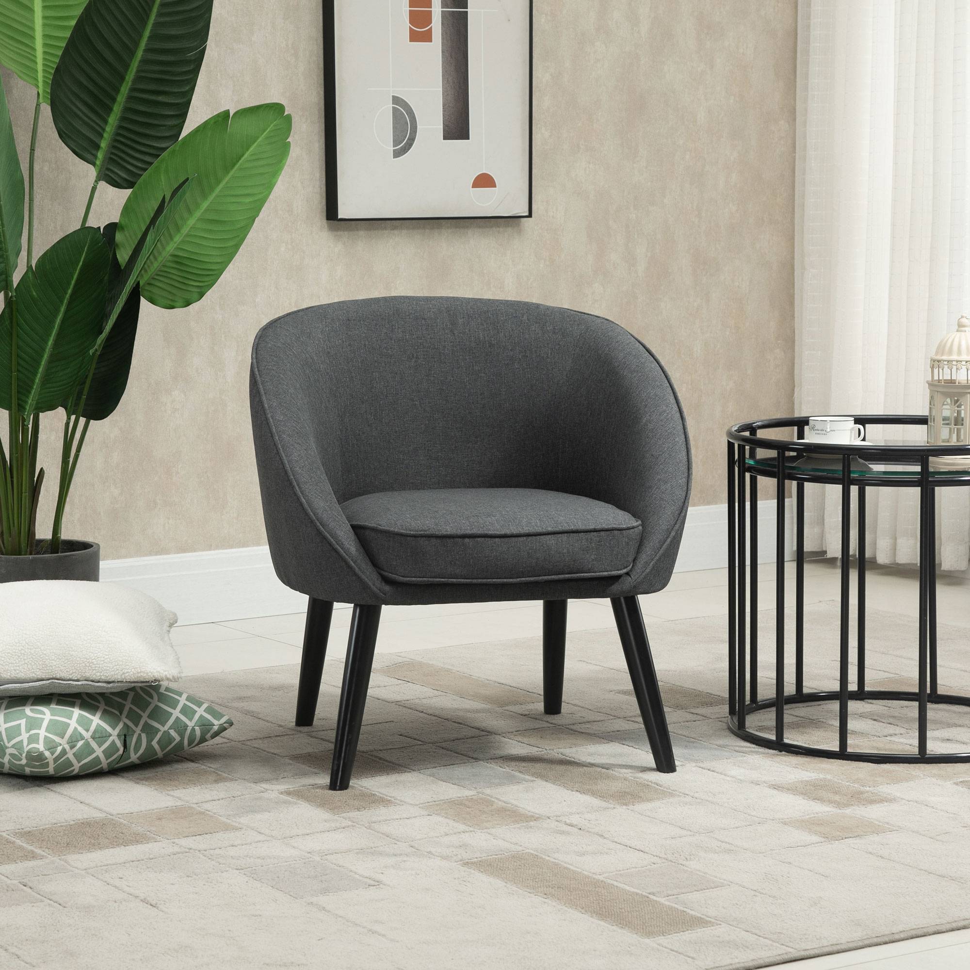 Fauteuil lounge capitonné inclinable style cocktail, revêtement aspect lin, pieds bois, fauteuil de relaxation et lecture, chambre, gris - Image 4