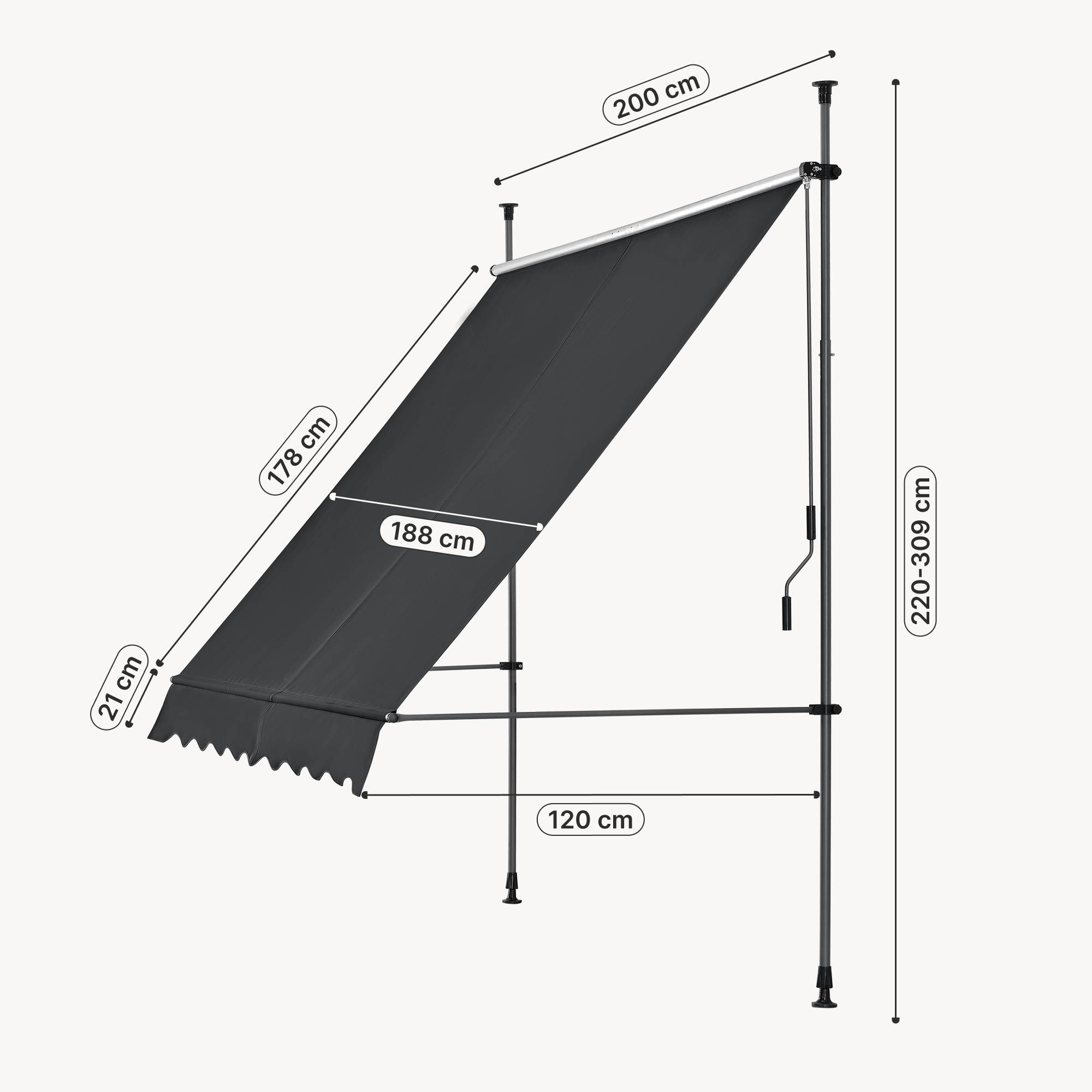 Pro.Tec - Store Banne Téléscopique Acier Polyester 200 x 120 x 220-309 cm Noir [pro.tec] - Imagen 3