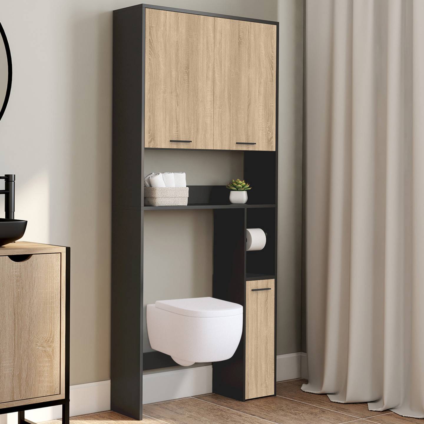 Meuble étagère dessus WC WALLIS noir et bois façon hêtre - Image 1