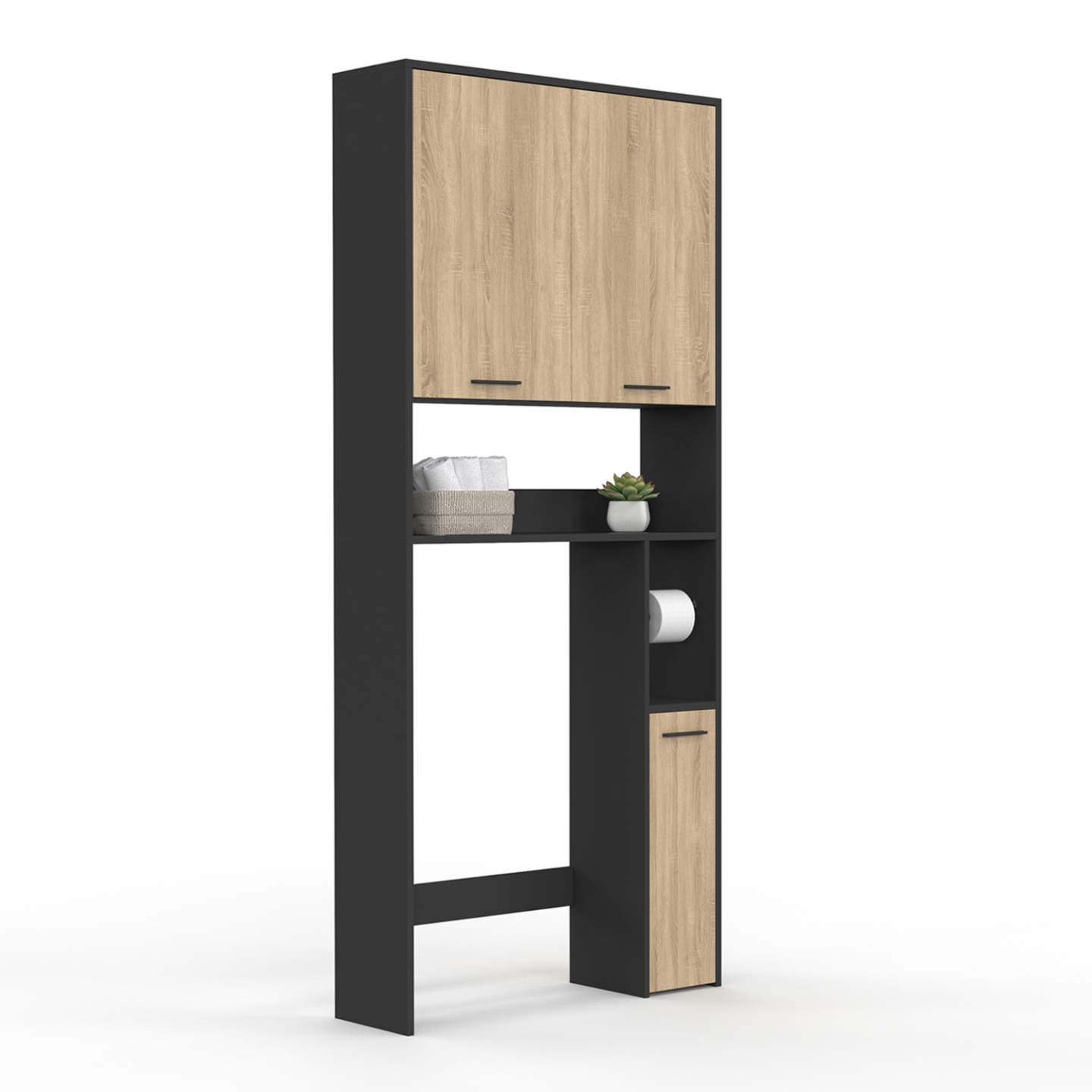 Meuble étagère dessus WC WALLIS noir et bois façon hêtre - Image 2