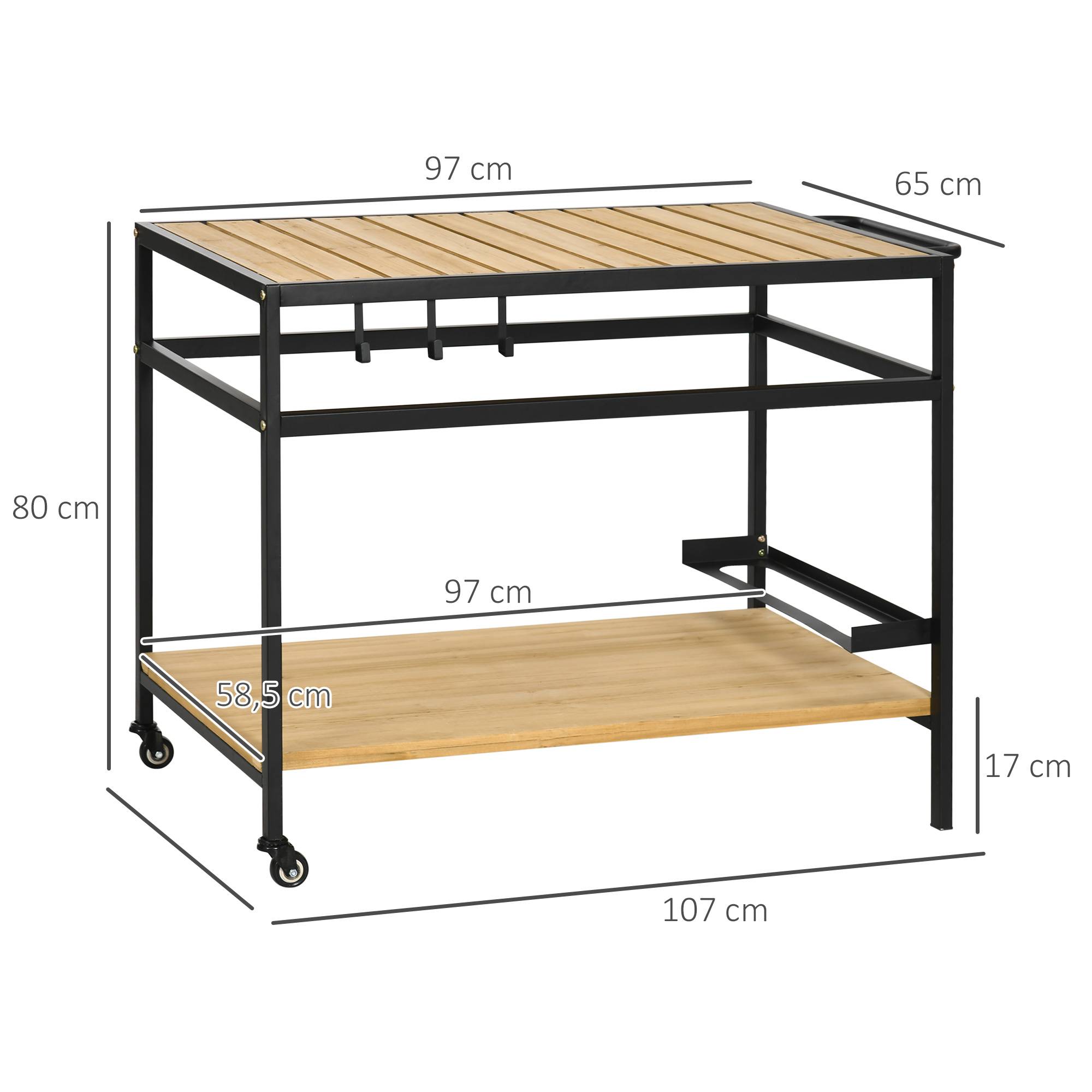 ComfortXL - Desserte de jardin métal pour plancha barbecue avec 2 étagères et roulettes 107cm naturel - ComfortXL Outdoor Living - Image 5
