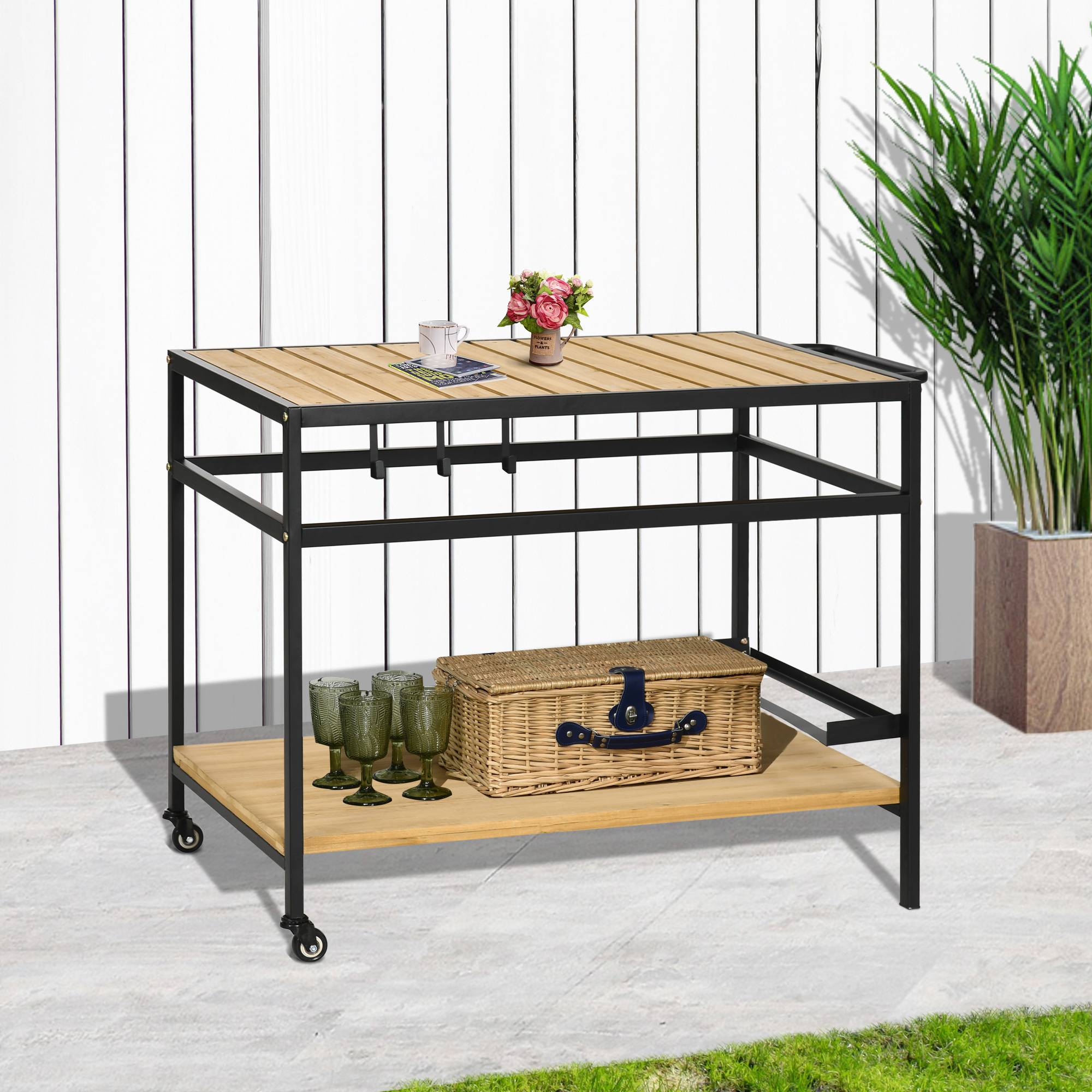 ComfortXL - Desserte de jardin métal pour plancha barbecue avec 2 étagères et roulettes 107cm naturel - ComfortXL Outdoor Living - Image 4