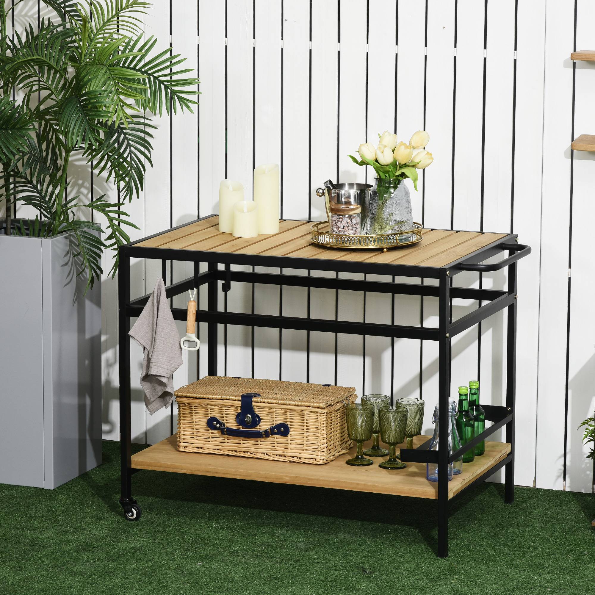ComfortXL - Desserte de jardin métal pour plancha barbecue avec 2 étagères et roulettes 107cm naturel - ComfortXL Outdoor Living - Image 3