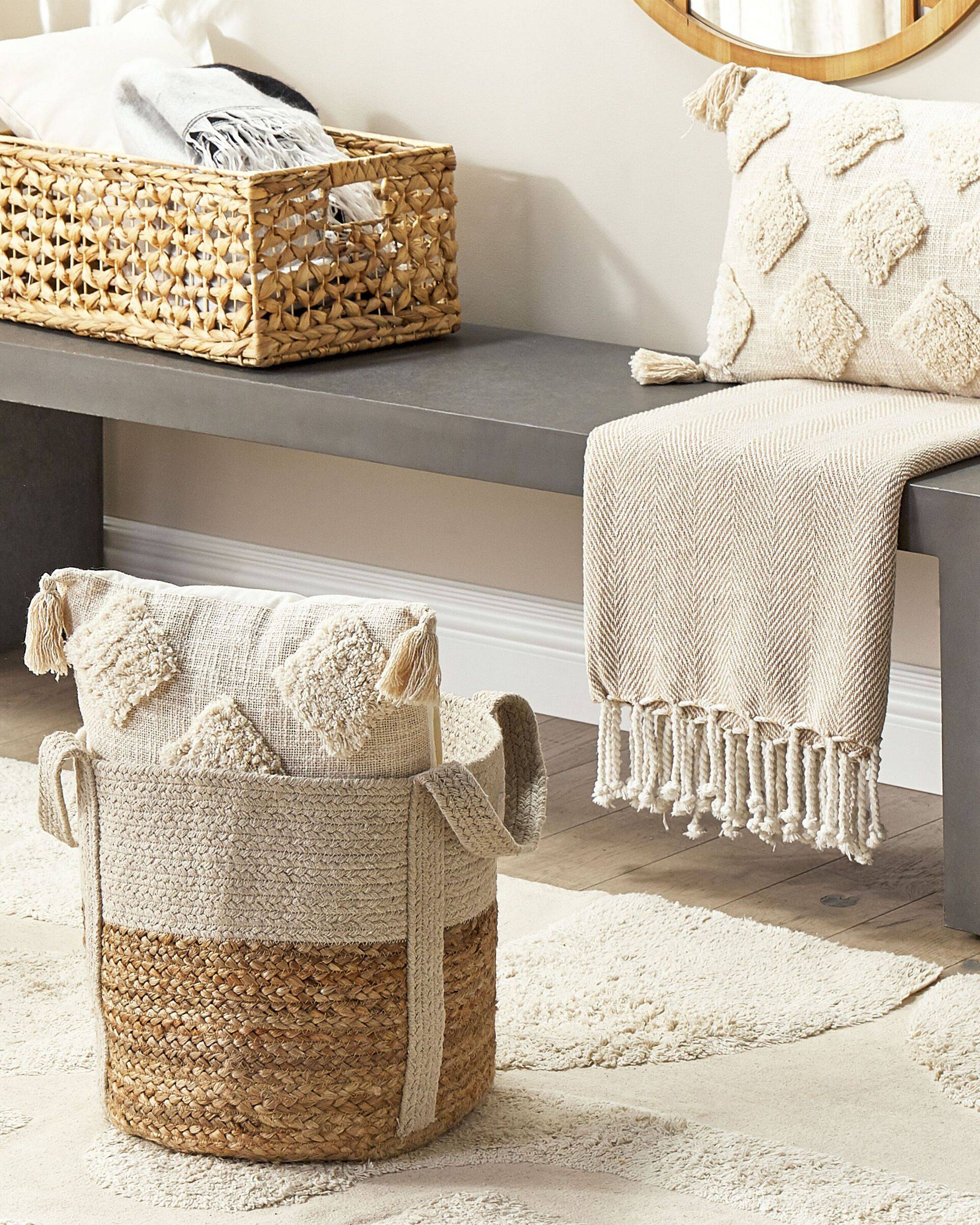 Beliani - Panier Beige et Blanc en Jute Corbeille à Linge Faite Main Tressée Rangement pour Intérieur Accessoire Rangement - Imagen 2