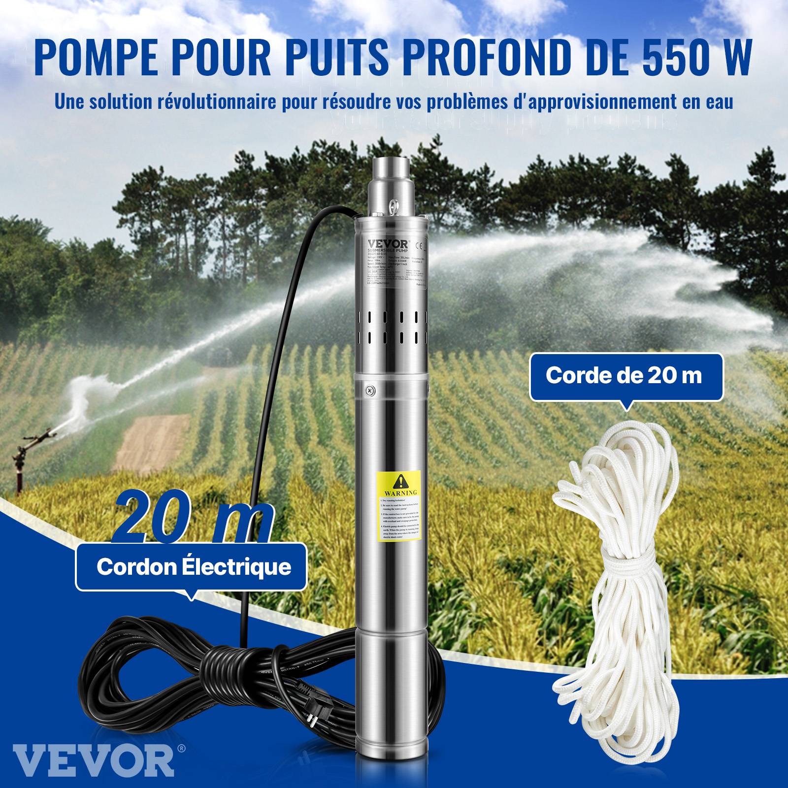VEVOR Pompe Immergée Pompe à Eau pour Puits Profond Inox 550 W 2100 L/h 108 m - Image 2