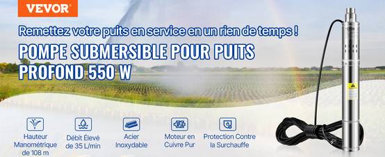 VEVOR Pompe Immergée Pompe à Eau pour Puits Profond Inox 550 W 2100 L/h 108 m - Image 9