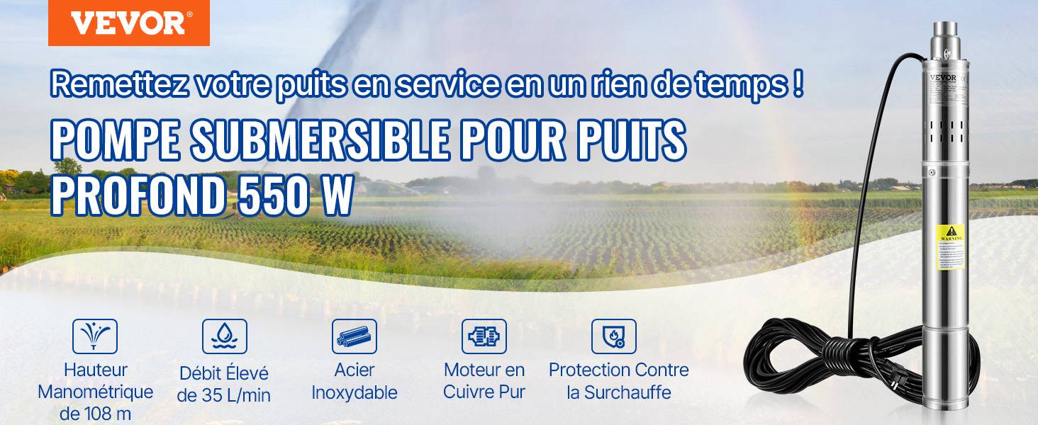 VEVOR Pompe Immergée Pompe à Eau pour Puits Profond Inox 550 W 2100 L/h 108 m - Image 9