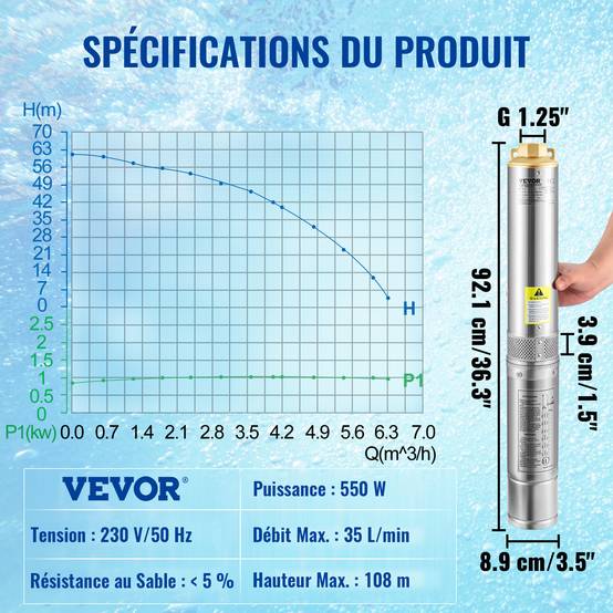 VEVOR Pompe Immergée Pompe à Eau pour Puits Profond Inox 550 W 2100 L/h 108 m - Image 7