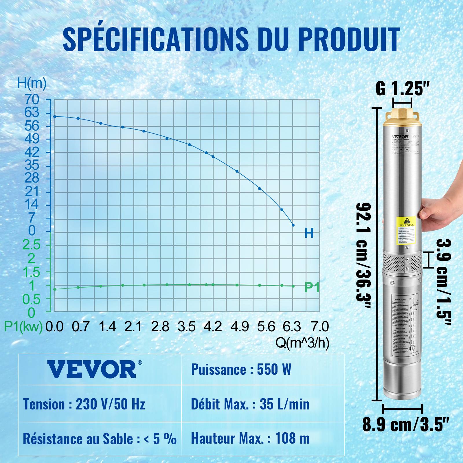 VEVOR Pompe Immergée Pompe à Eau pour Puits Profond Inox 550 W 2100 L/h 108 m - Image 7