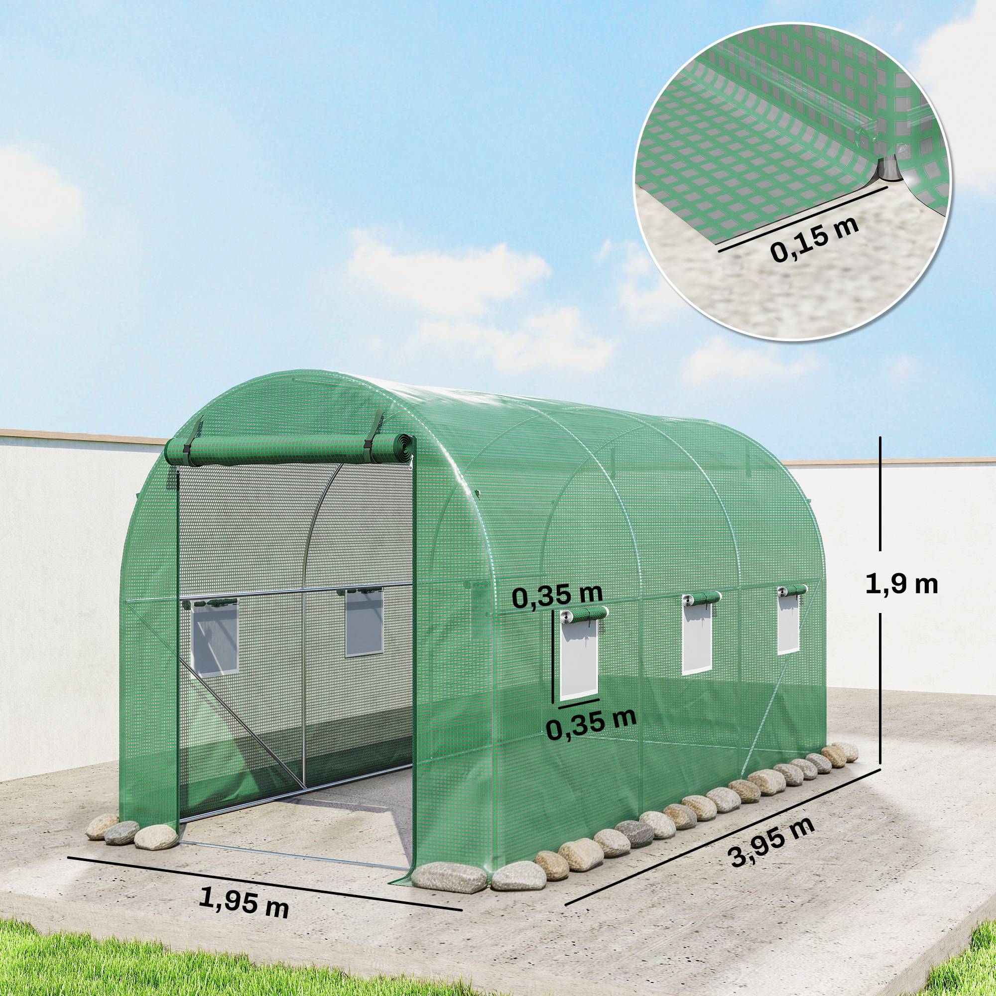 Serre de Jardin Tunnel 8 m² 4L x 2l x 1,9H m Acier galvanisé renforcé diamètre 2,4 cm + PE fenêtres Porte Vert - Image 5