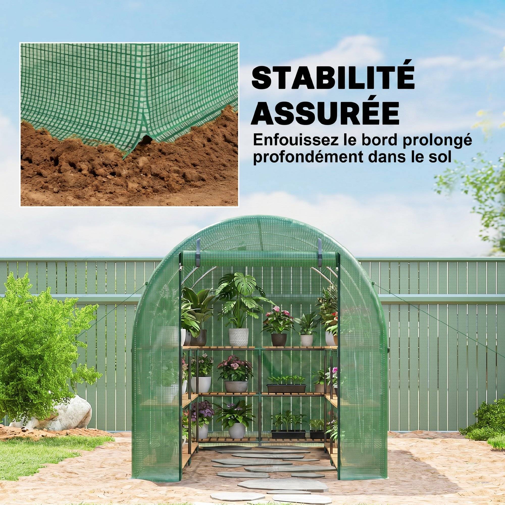Serre de Jardin Tunnel 8 m² 4L x 2l x 1,9H m Acier galvanisé renforcé diamètre 2,4 cm + PE fenêtres Porte Vert - Image 9