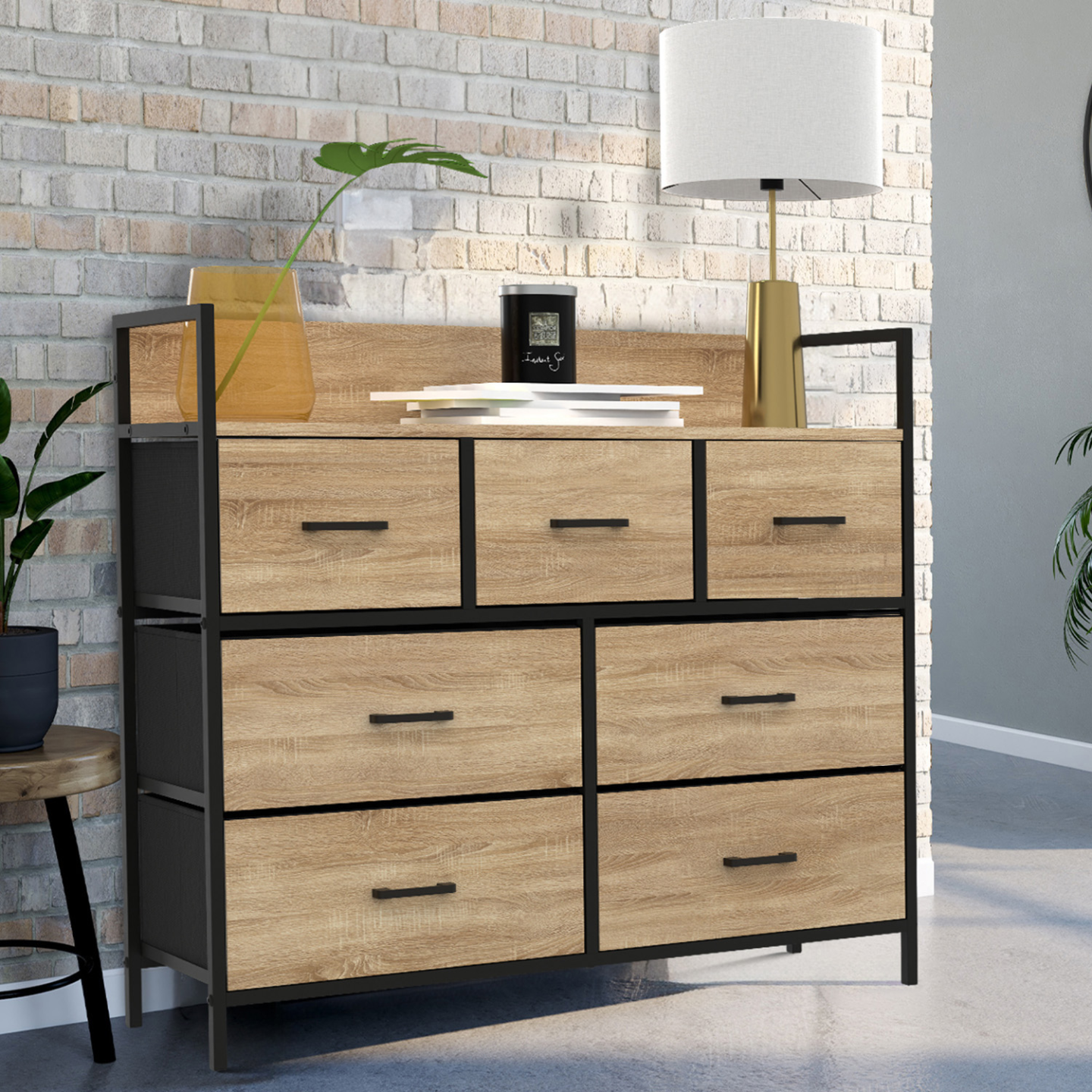 Commode 7 tiroirs en tissu UTAH 100 cm meuble de rangement design industriel - Image 1
