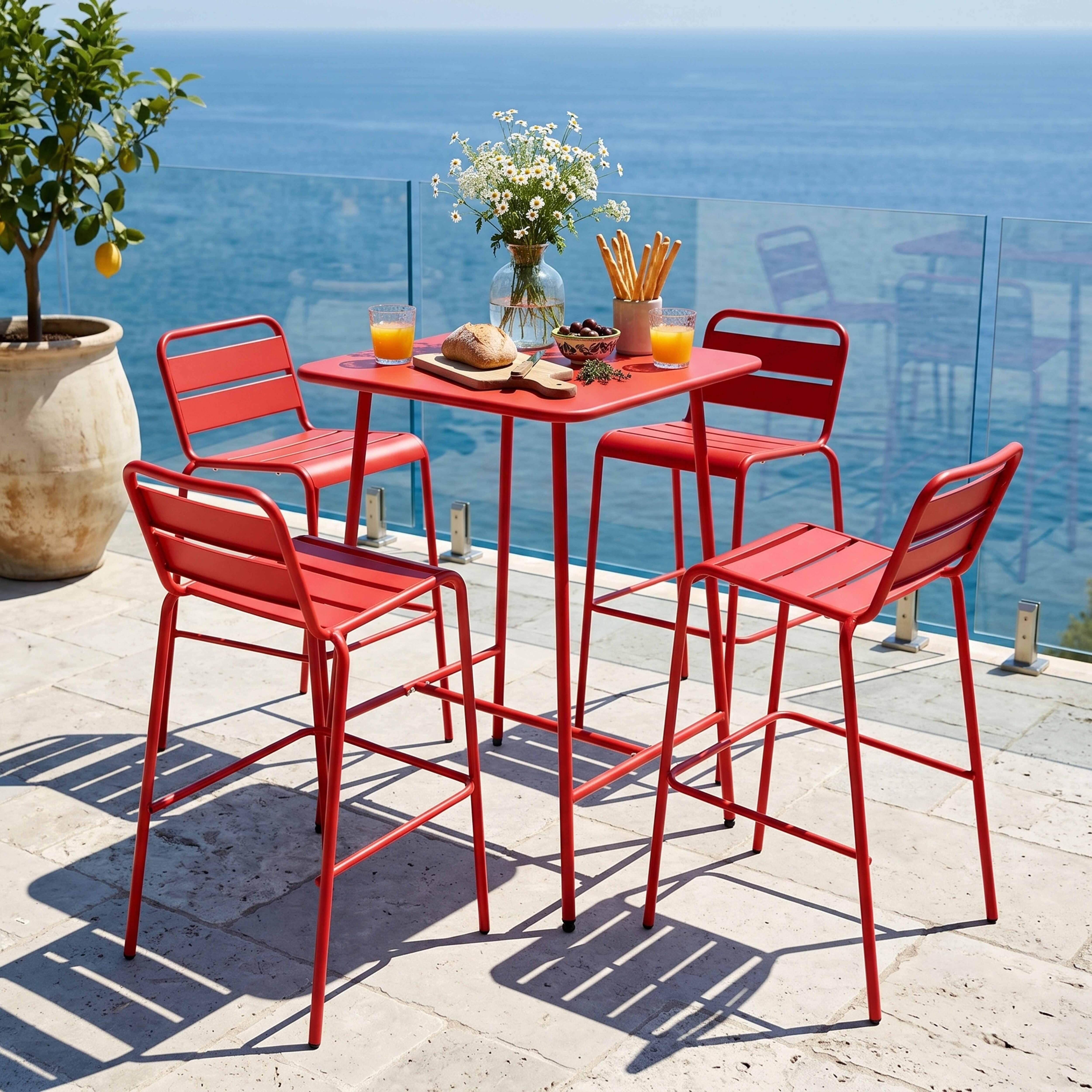 Oviala - Ensemble table de bar et 4 chaises hautes en métal rouge Palavas - Oviala - Imagen 2