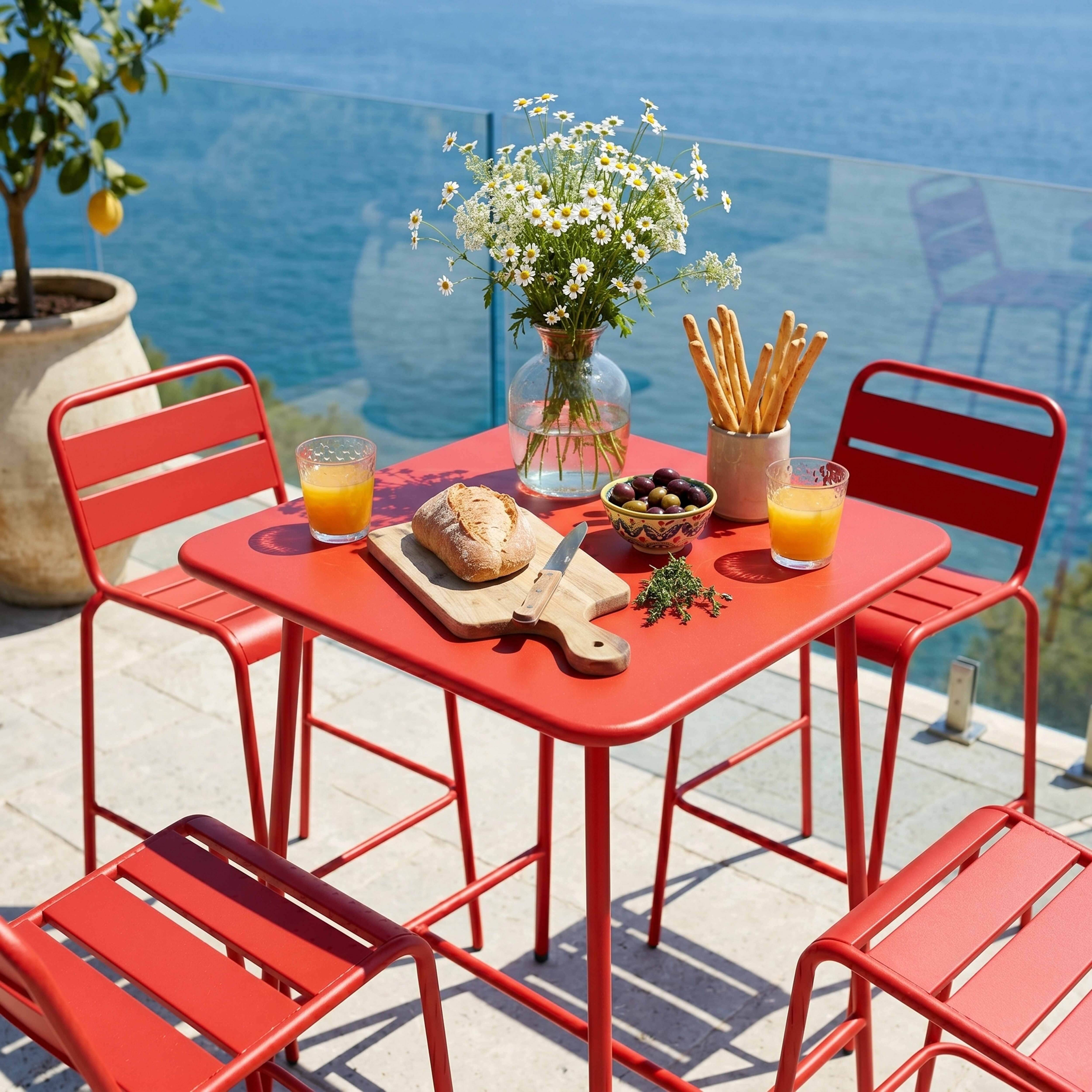 Oviala - Ensemble table de bar et 4 chaises hautes en métal rouge Palavas - Oviala - Imagen 3