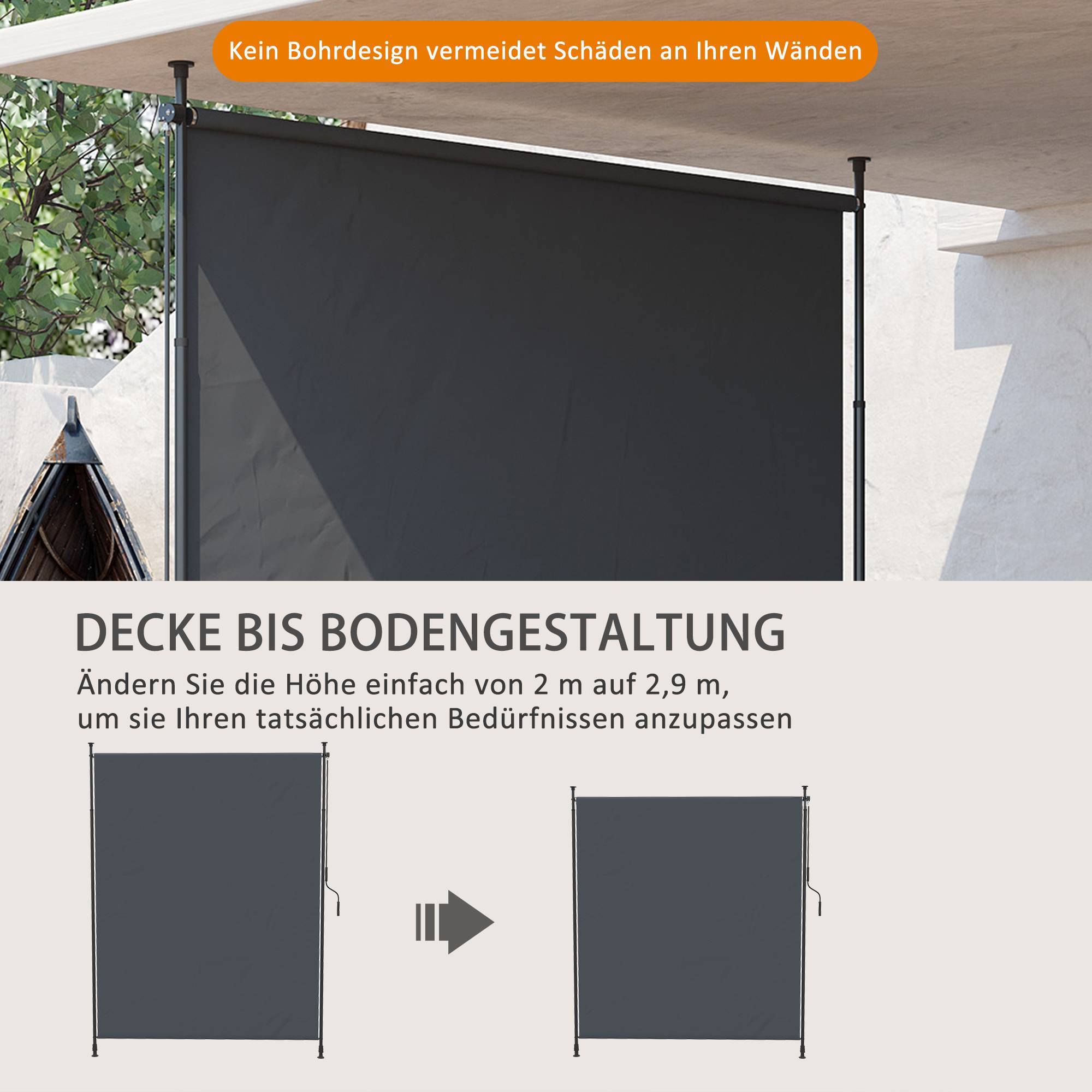 Store Vertical Extérieur sans Perçage Balcon Terrasse Brise-Vue Rétractable Gris 200x305cm - ComfortXL Outdoor Living - Image 4