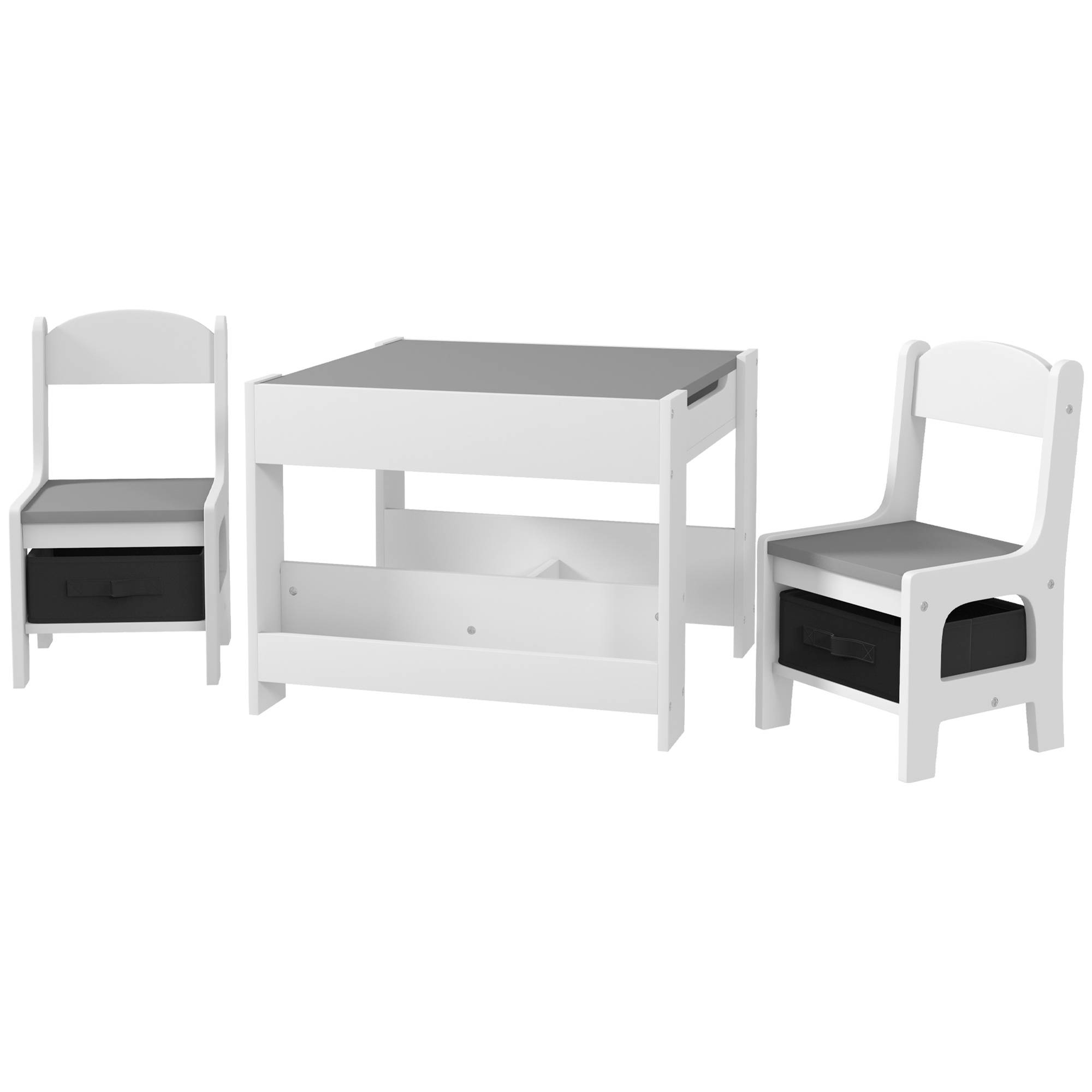 Jeu table et chaises enfant 3-en-1 avec ardoise, tiroirs tissus et rangement, blanc et gris - Image 2