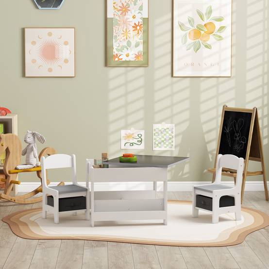Jeu table et chaises enfant 3-en-1 avec ardoise, tiroirs tissus et rangement, blanc et gris - Image 4
