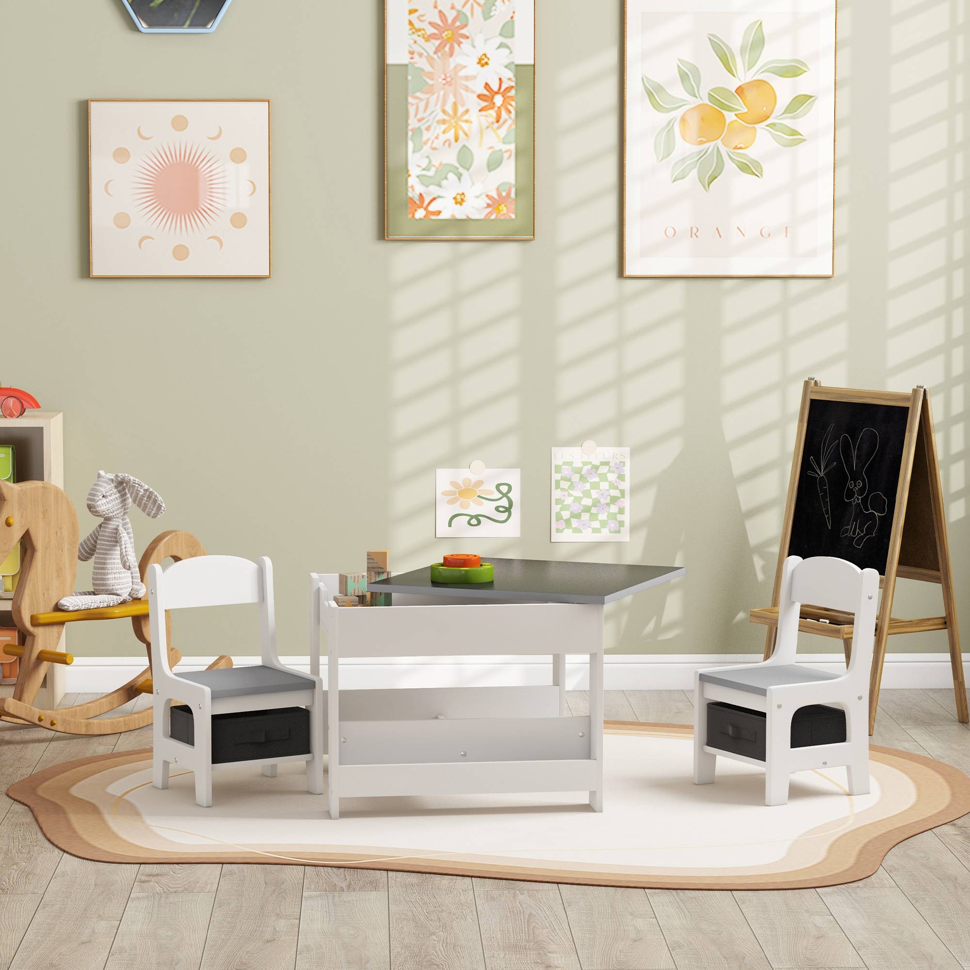 Jeu table et chaises enfant 3-en-1 avec ardoise, tiroirs tissus et rangement, blanc et gris - Image 4