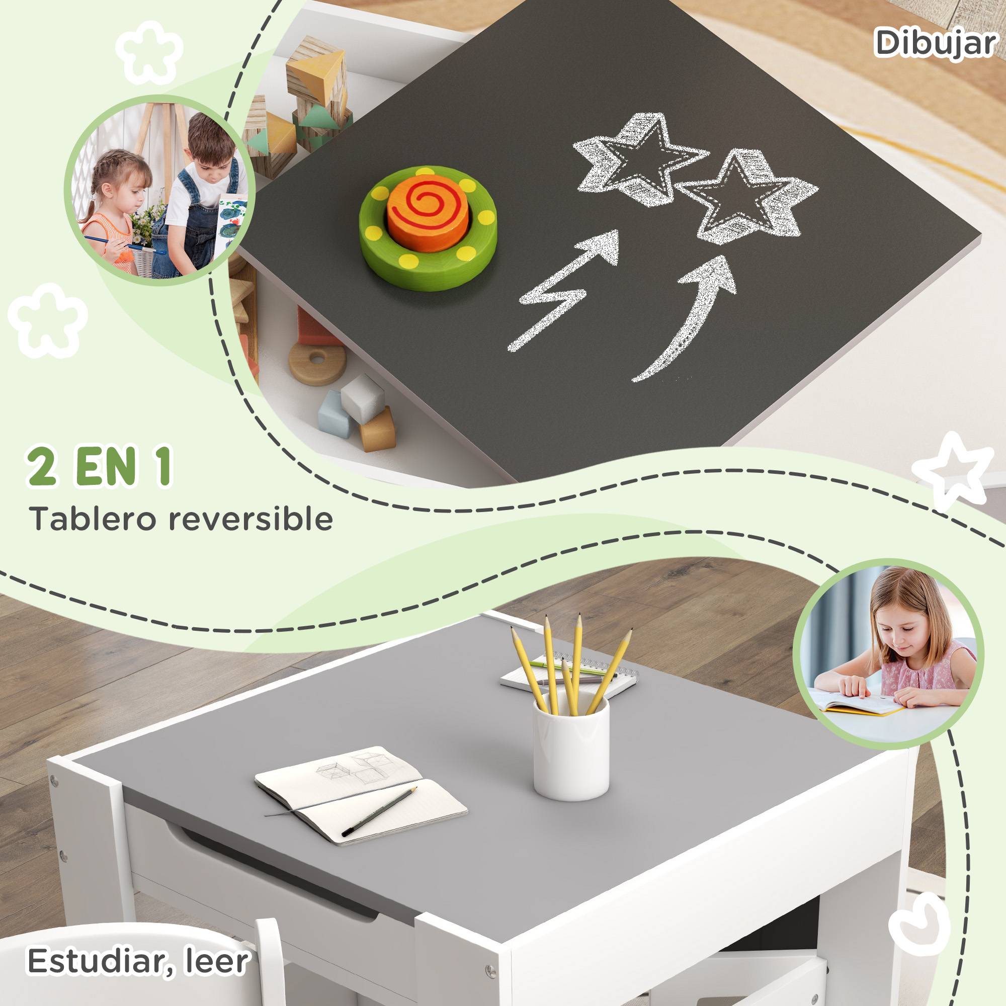 Jeu table et chaises enfant 3-en-1 avec ardoise, tiroirs tissus et rangement, blanc et gris - Image 6