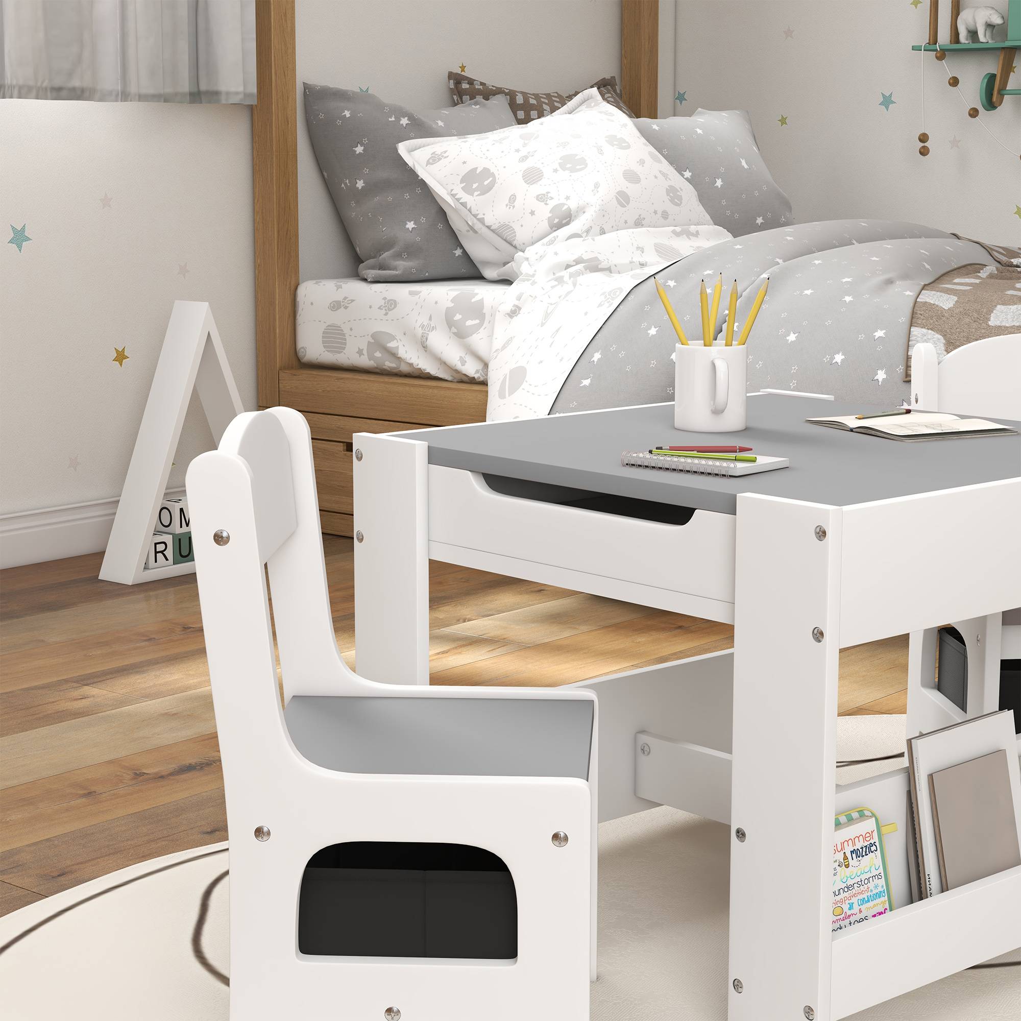 Jeu table et chaises enfant 3-en-1 avec ardoise, tiroirs tissus et rangement, blanc et gris - Image 10