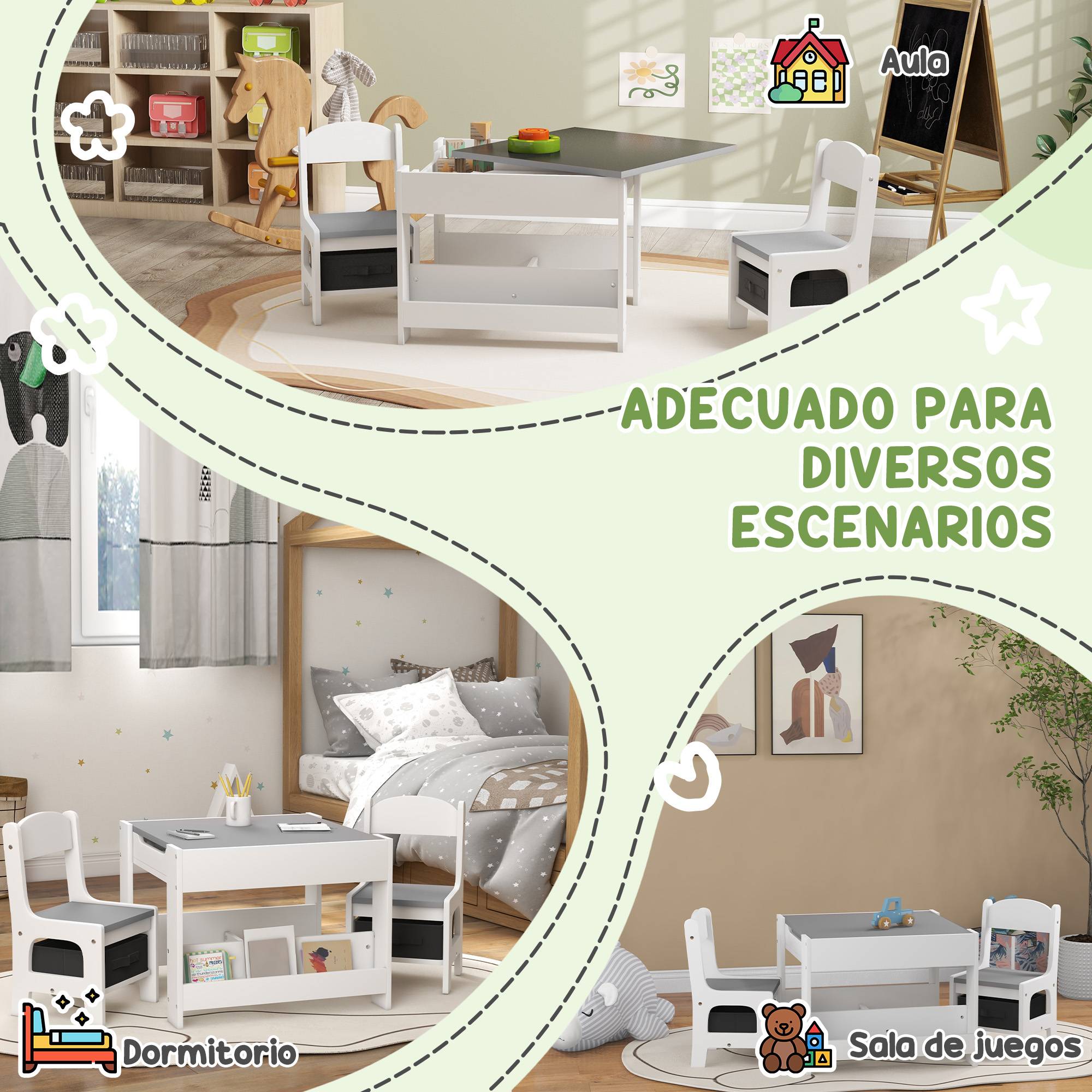 Jeu table et chaises enfant 3-en-1 avec ardoise, tiroirs tissus et rangement, blanc et gris - Image 9