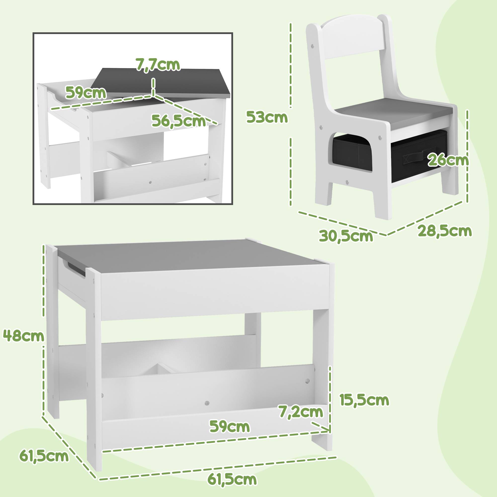 Jeu table et chaises enfant 3-en-1 avec ardoise, tiroirs tissus et rangement, blanc et gris - Image 5