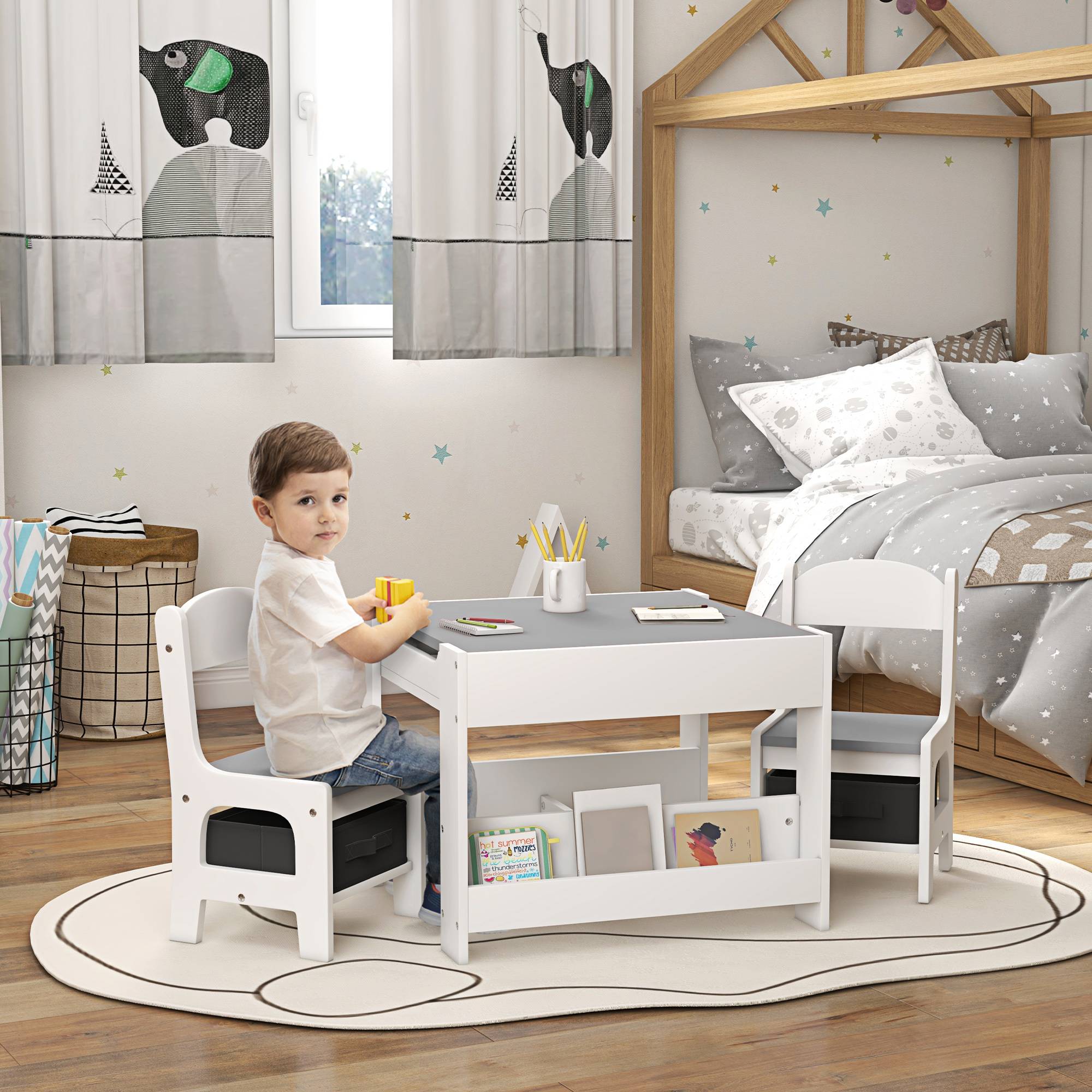 Jeu table et chaises enfant 3-en-1 avec ardoise, tiroirs tissus et rangement, blanc et gris - Image 3