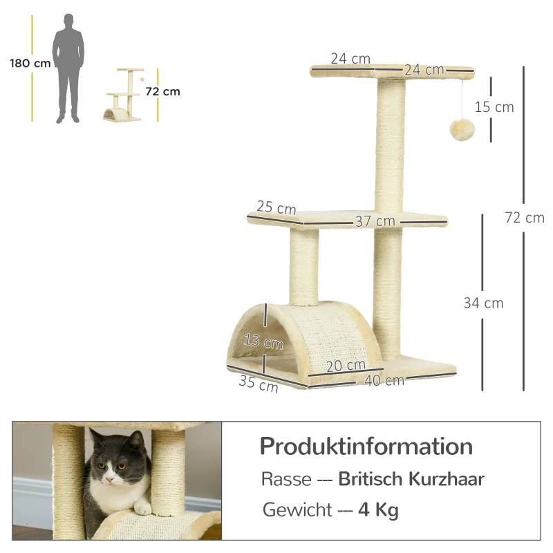 Arbre à Chat 72 cm Multi-Niveaux avec Poteaux en Sisal, Plateforme et Balles en Peluche, Griffoir pour Chats de Taille Moyenne, Blanc Crème - Image 2