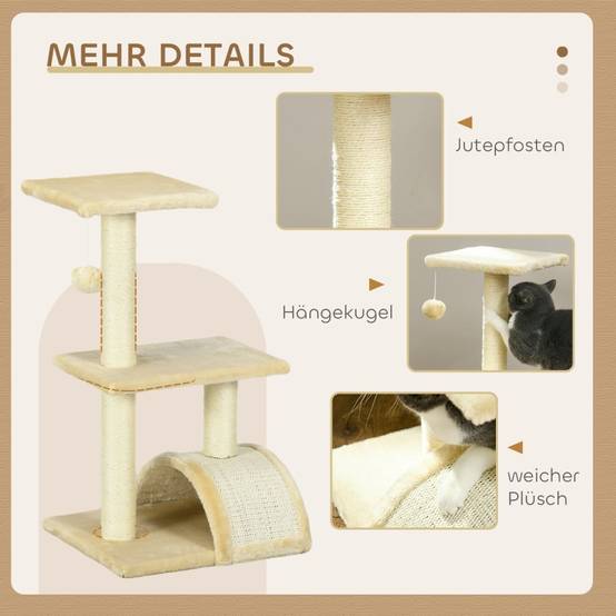 Arbre à Chat 72 cm Multi-Niveaux avec Poteaux en Sisal, Plateforme et Balles en Peluche, Griffoir pour Chats de Taille Moyenne, Blanc Crème - Image 5