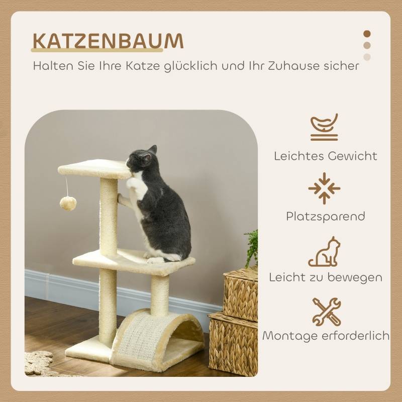 Arbre à Chat 72 cm Multi-Niveaux avec Poteaux en Sisal, Plateforme et Balles en Peluche, Griffoir pour Chats de Taille Moyenne, Blanc Crème - Image 4