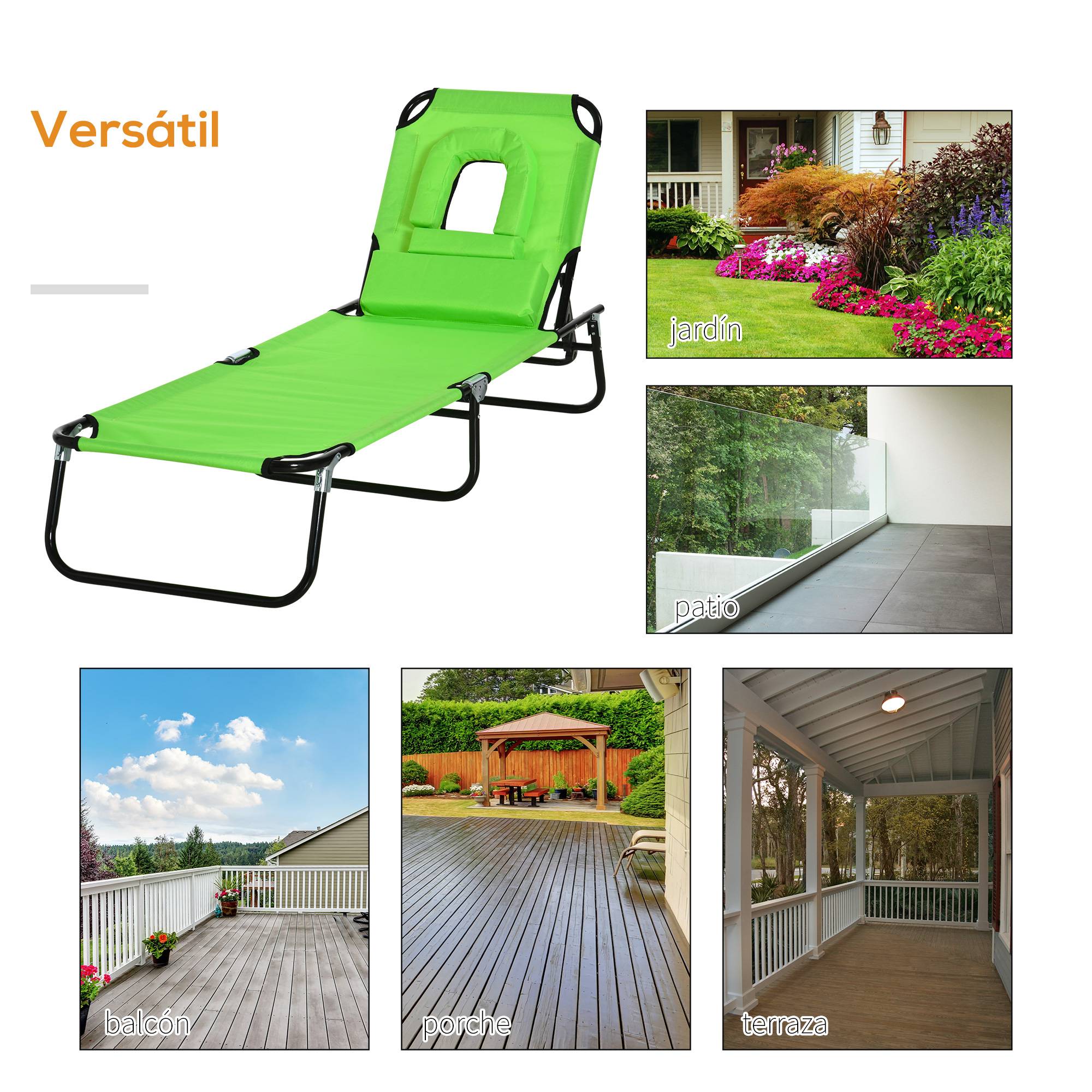 Transat Pliant Dossier 4 Positions avec Coussin, Structure Métal et Tissu Oxford, Camping/Plage/Terrasse, 120 kg, 190 x 56 x 28 cm, Vert - Image 9
