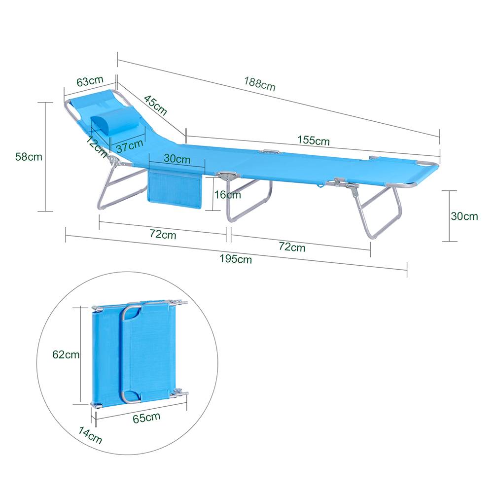 Lot de 2 Bain de Soleil Transat de Jardin Chaise Longue Pliable, Réglable et Inclinable Bleu L.195 x l.62 x H.29 cm SoBuy - Imagen 3
