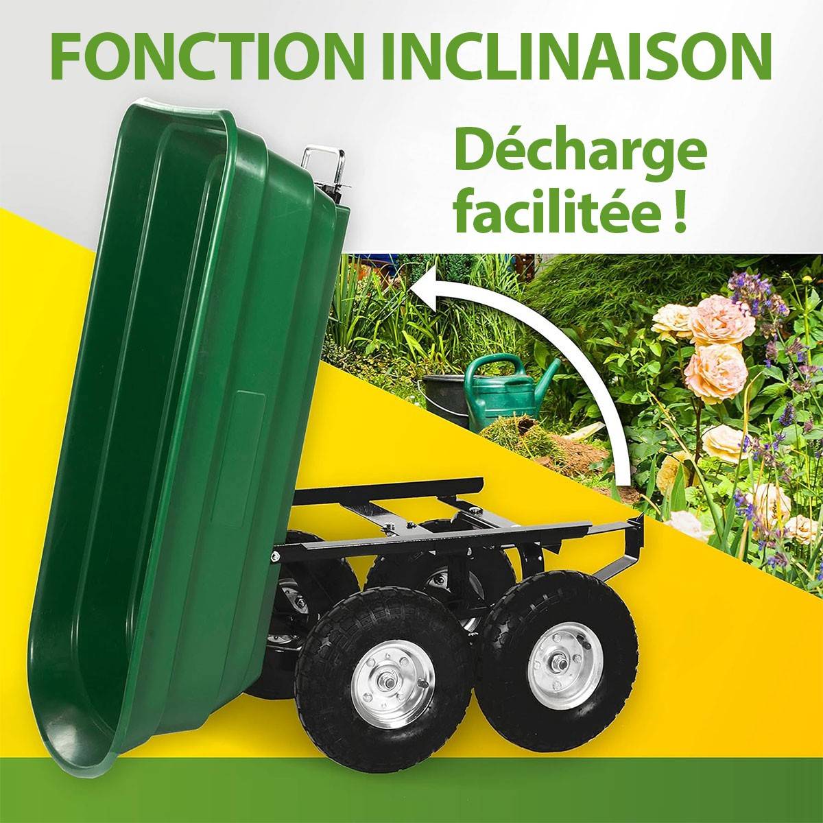 Chariot de jardin à Benne basculante Charge 200kg 75L - Chariot de Transport 4 roues Bois, Terre, Mobilier de Jardin Plage KZ - Imagen 3