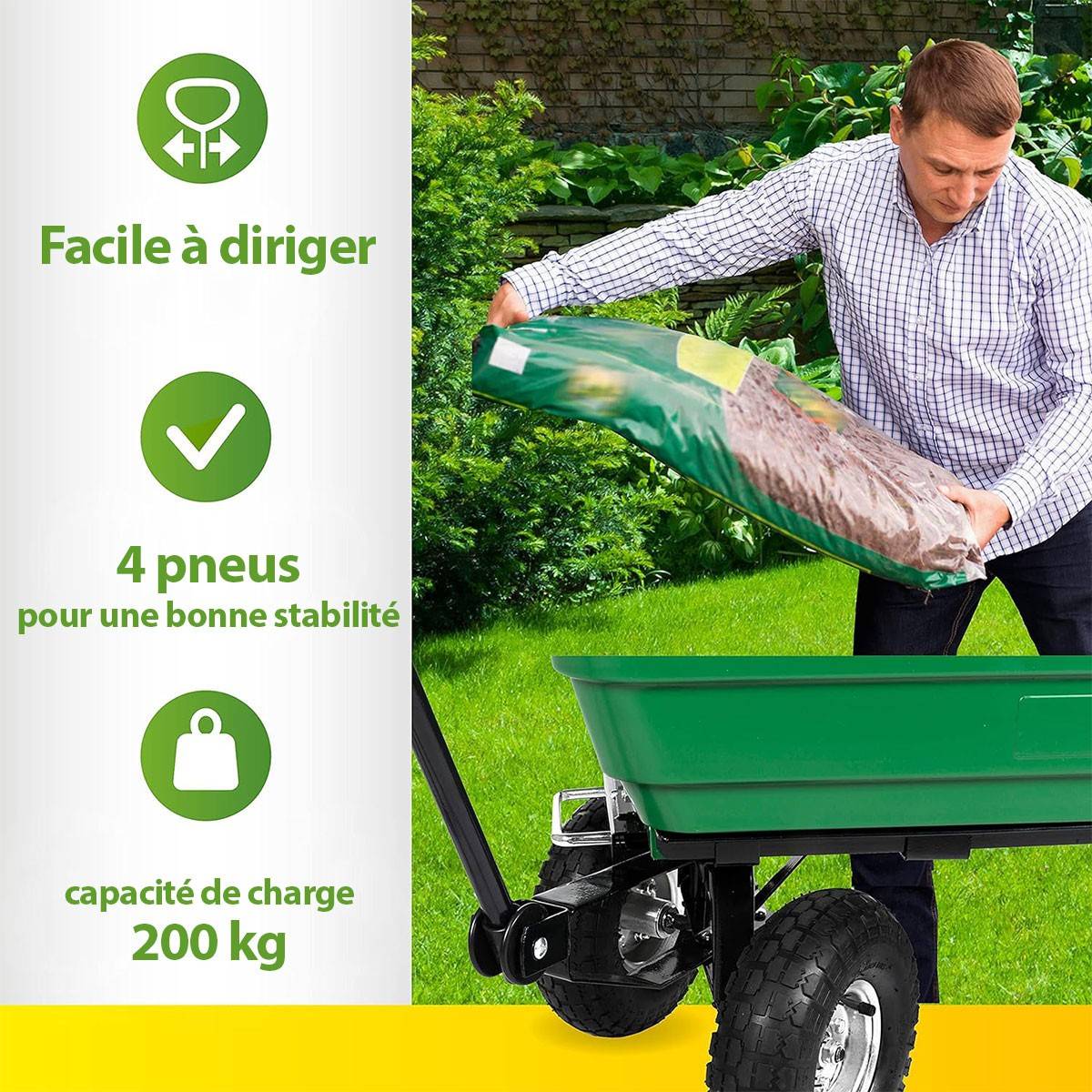 Chariot de jardin à Benne basculante Charge 200kg 75L - Chariot de Transport 4 roues Bois, Terre, Mobilier de Jardin Plage KZ - Imagen 2