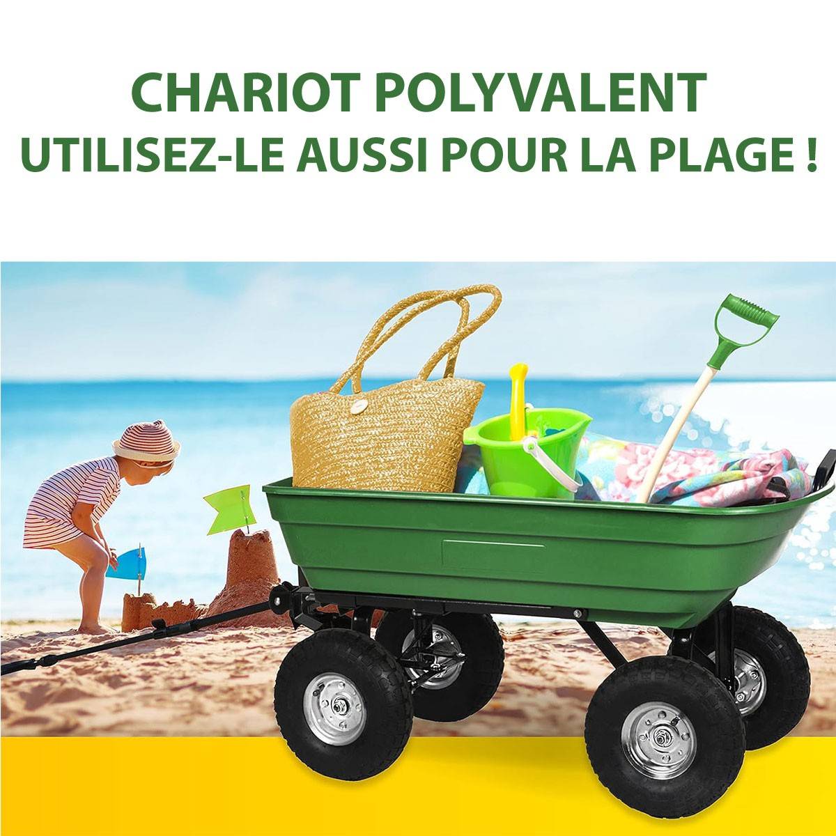 Chariot de jardin à Benne basculante Charge 200kg 75L - Chariot de Transport 4 roues Bois, Terre, Mobilier de Jardin Plage KZ - Imagen 4