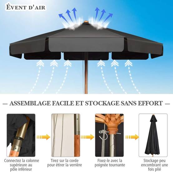 Costway - Parasol inclinable ø300cm avec manivelle anti-uv,protection solaire toile polyester imperméable, Gris - Image 3