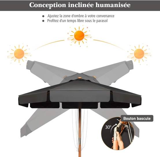 Costway - Parasol inclinable ø300cm avec manivelle anti-uv,protection solaire toile polyester imperméable, Gris - Image 4