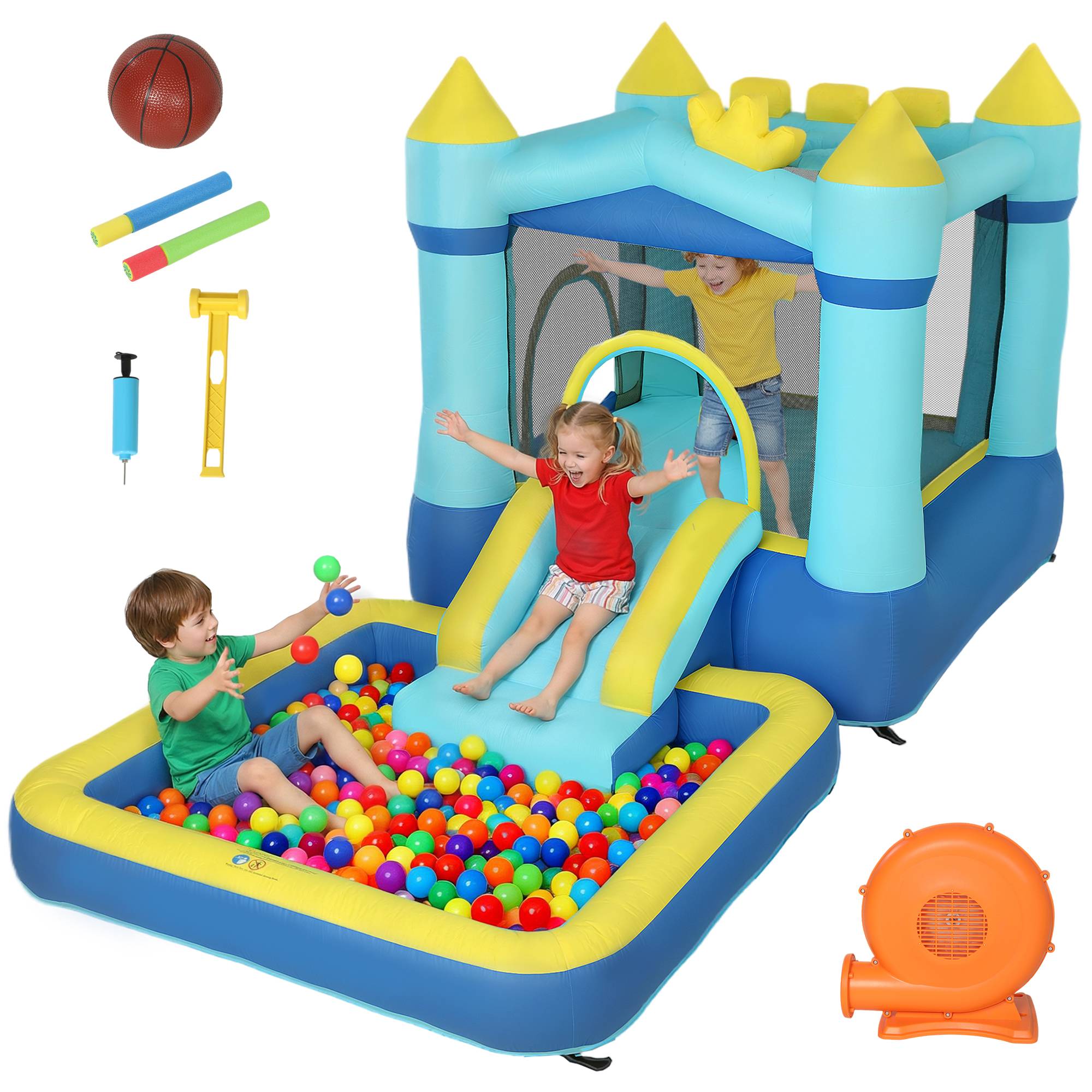 Château gonflable pour enfants avec souffleur, toboggan, trampoline, piscine et panier de basket pour les enfants de 3 à 8 ans, bleu - Image 1