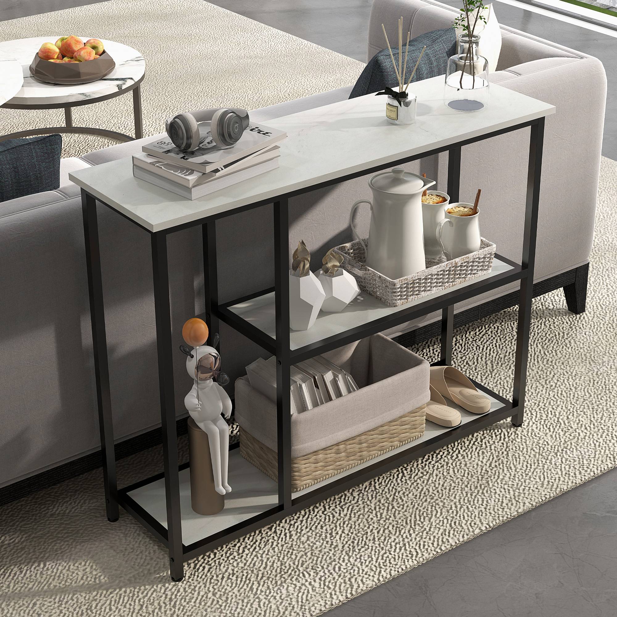 Console de style industriel, 2 étagères, aspect marbre, noir et blanc - Image 4