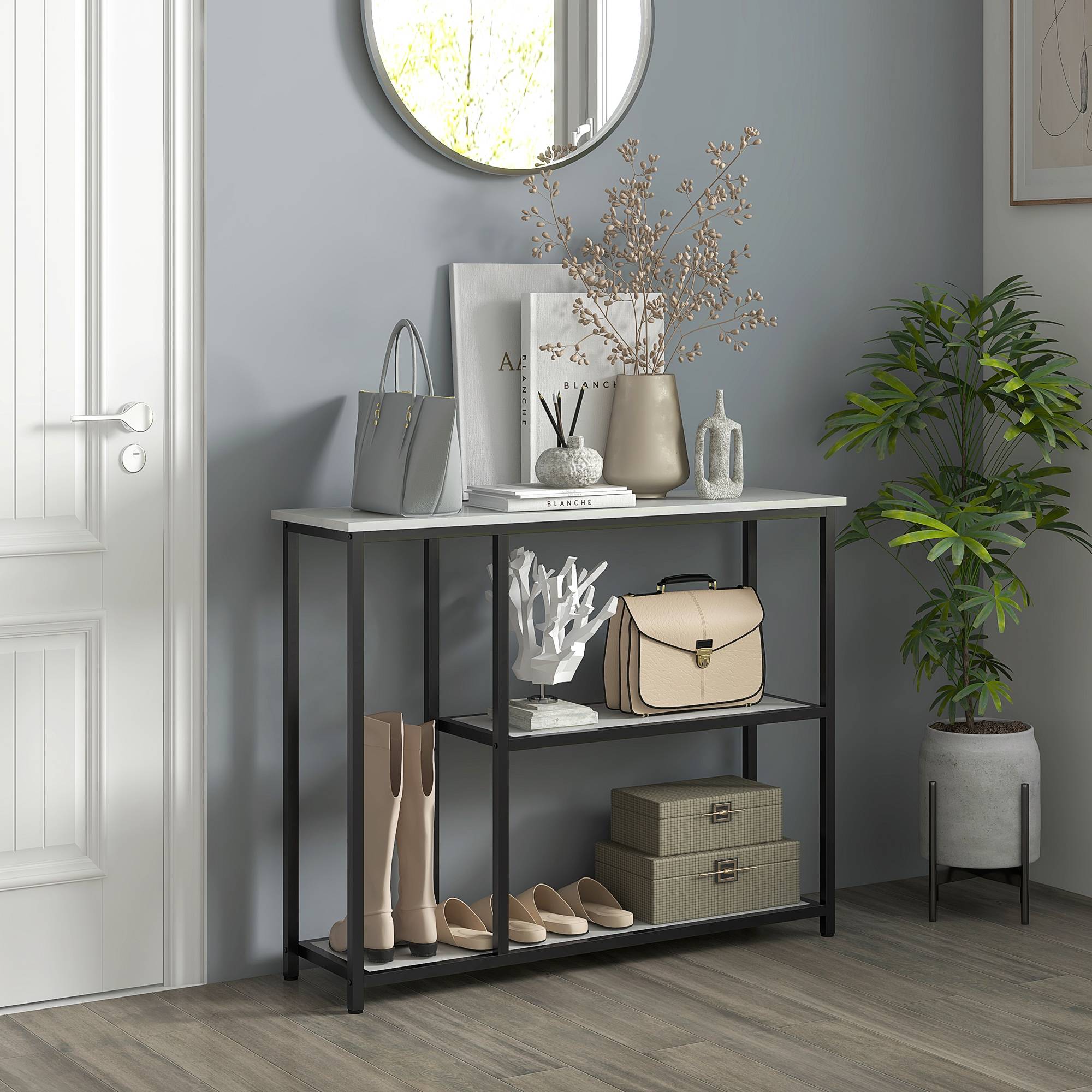 Console de style industriel, 2 étagères, aspect marbre, noir et blanc - Image 3