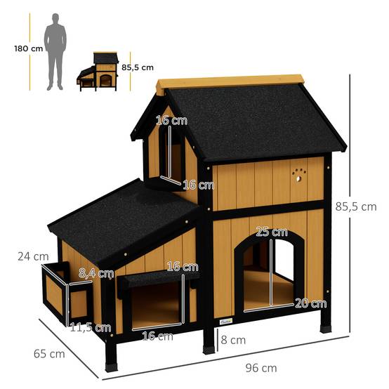 Maison pour Chat en Bois Abri Extérieur 2 Niveaux avec Toit Incliné pour Jardin 96x65x85,5 cm - ComfortXL Outdoor Living - Image 5
