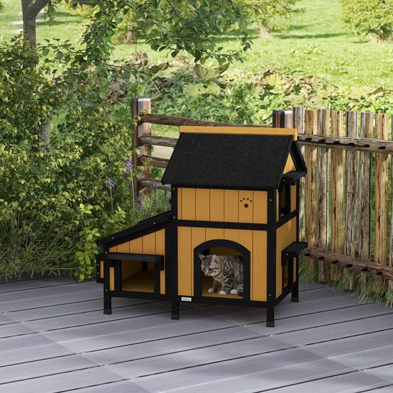 Maison pour Chat en Bois Abri Extérieur 2 Niveaux avec Toit Incliné pour Jardin 96x65x85,5 cm - ComfortXL Outdoor Living - Image 4