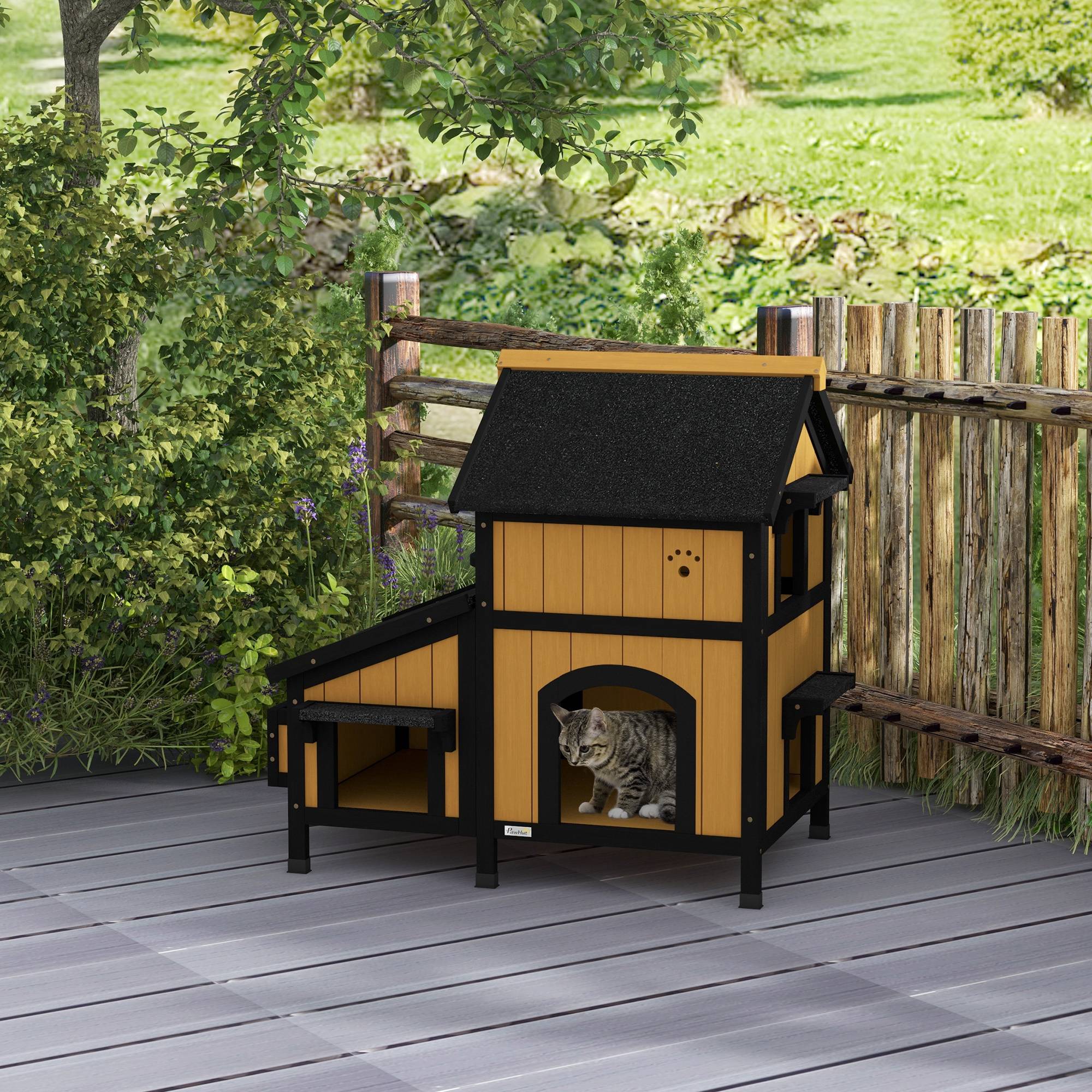Maison pour Chat en Bois Abri Extérieur 2 Niveaux avec Toit Incliné pour Jardin 96x65x85,5 cm - ComfortXL Outdoor Living - Image 4