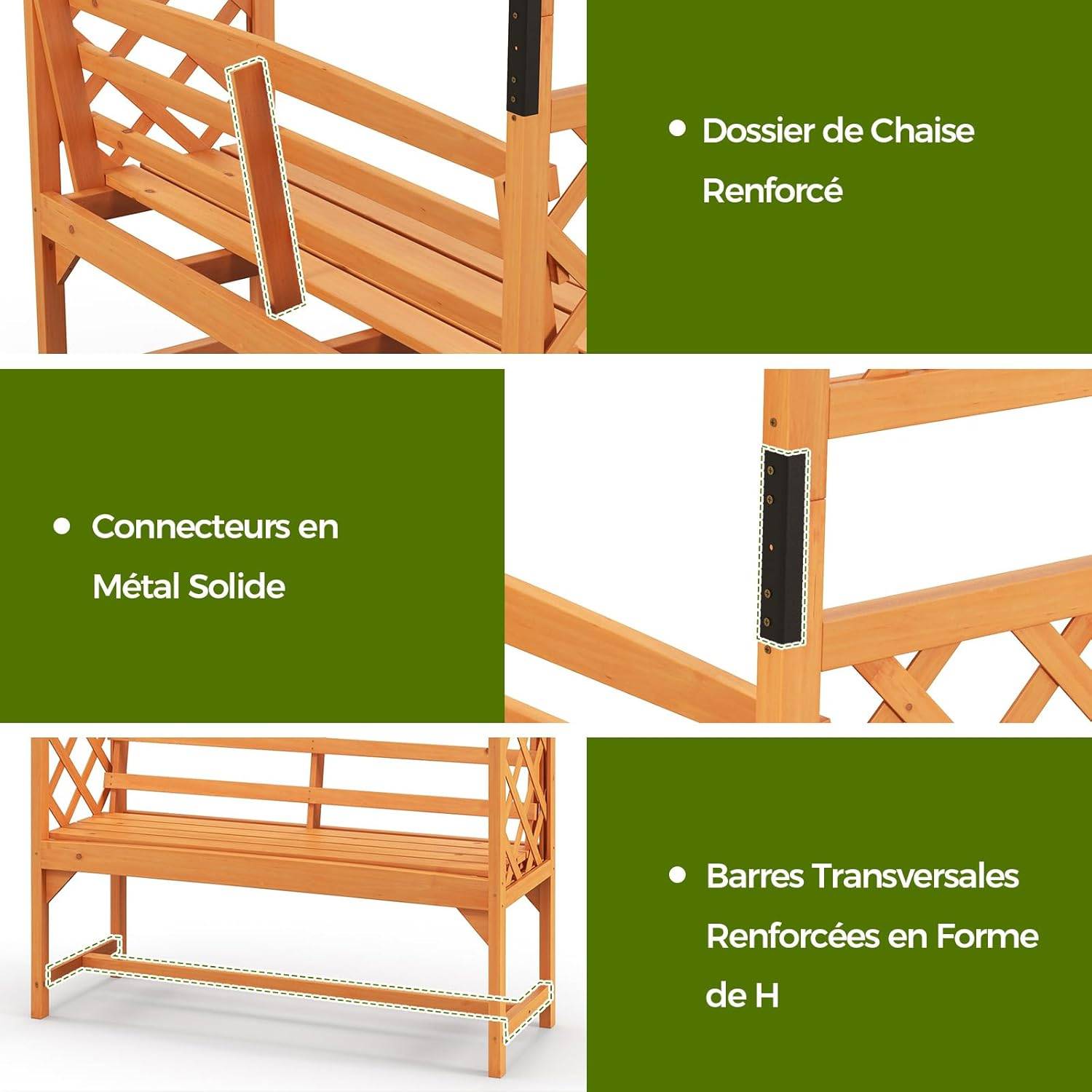 Arche de Jardin pour Plantes Grimpantes avec Banc 2 Places à Charge 300 KG, Siège Décoratif Vigne Rosier en Bois Extérieure 160 x 50 x 199 cm - Image 3