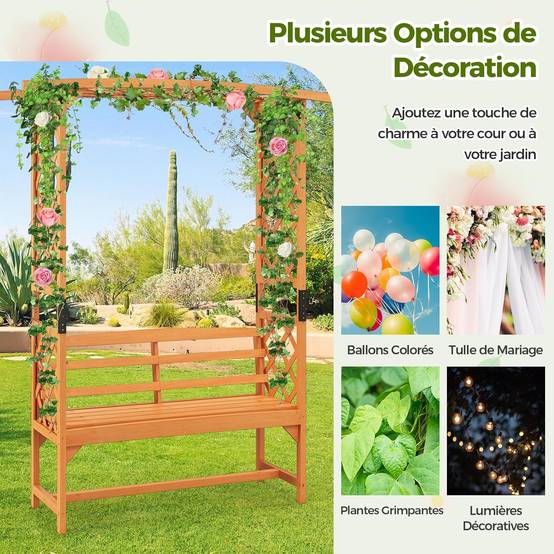 Arche de Jardin pour Plantes Grimpantes avec Banc 2 Places à Charge 300 KG, Siège Décoratif Vigne Rosier en Bois Extérieure 160 x 50 x 199 cm - Image 6