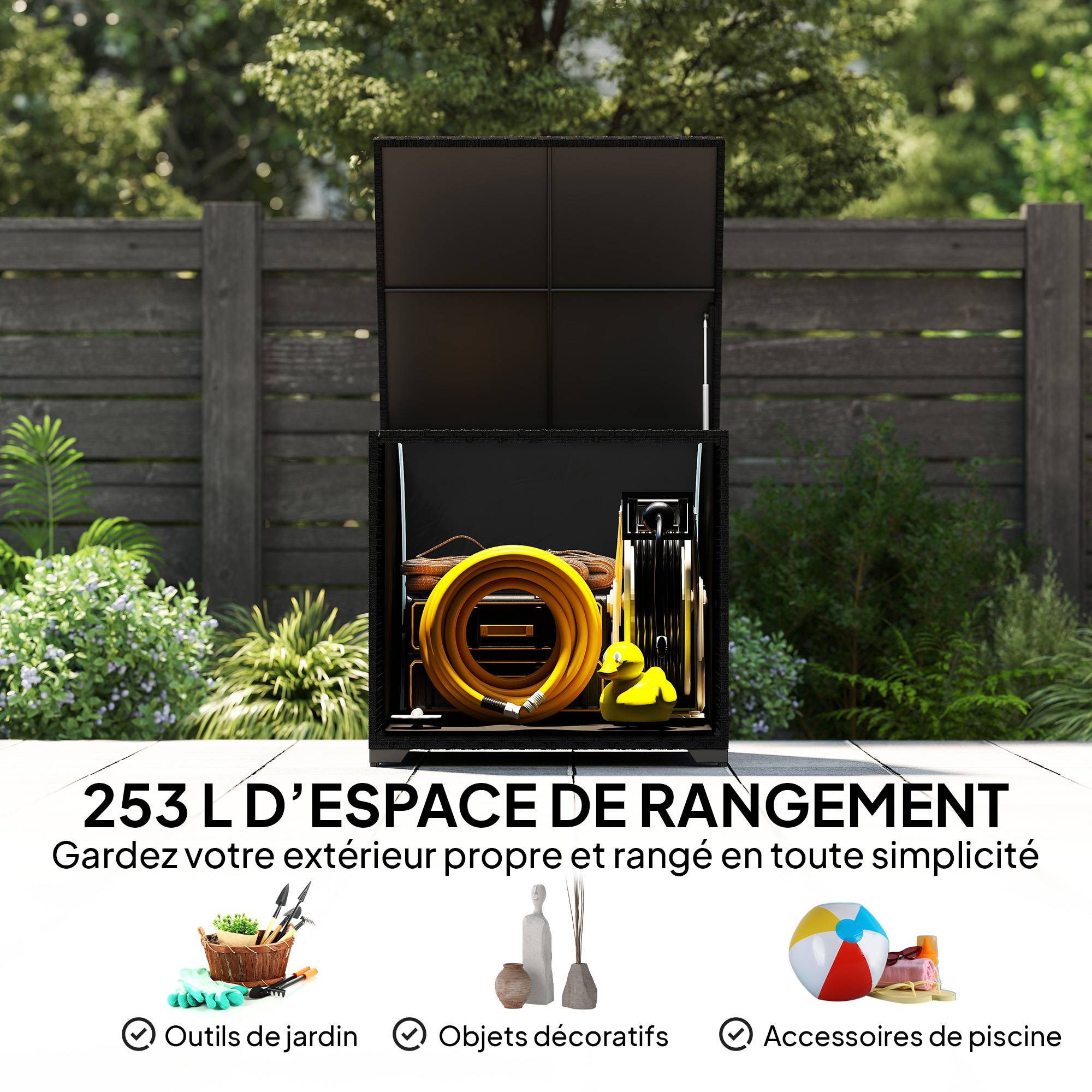 Coffre rangement jardin 253L résine tressée étanche outils extérieur noir - ComfortXL Outdoor Living - Image 6